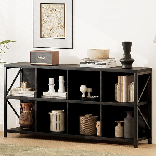 8 Cube Storage Organizer Bookshelf, Industrial Horizontal Bookcase, Accent Cubby Shelf, Media Console Table for Living Room, Home Office, 63 Inches, Black