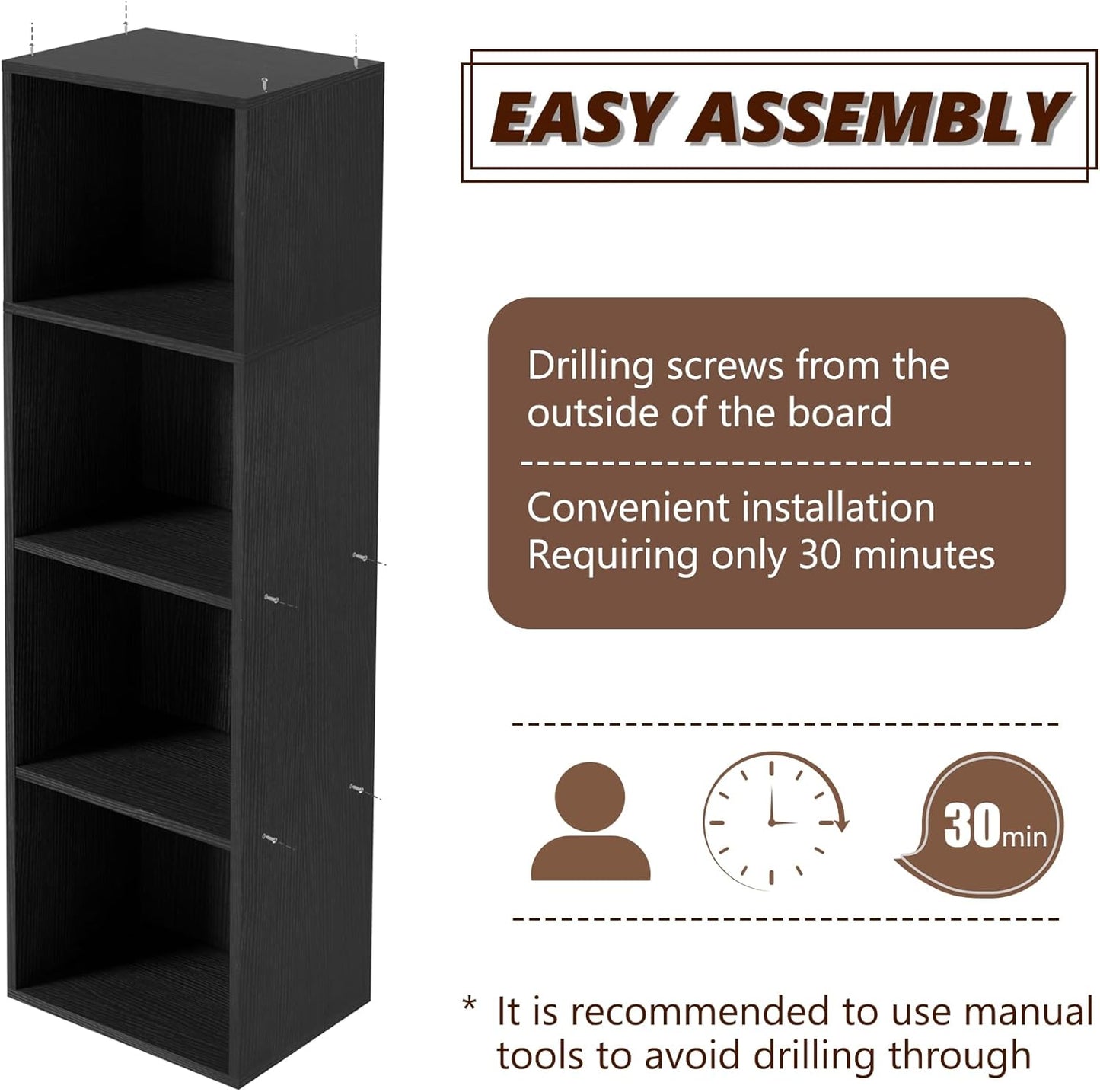 Wooden 4 Cube Storage Organizer, 4 Tier Storage Cubes Storage Display Cubby, 42 Inch Tall Versatile Cubes Shelf and Cubby Organizer for Any Space (Black, 4 Cube-W(11.8inch)