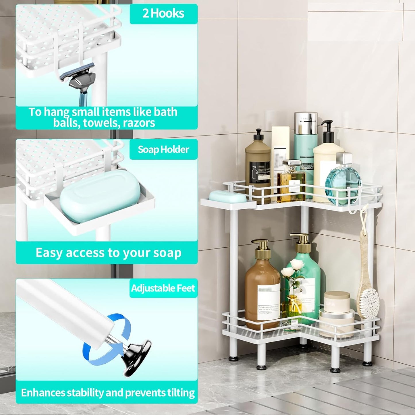 HapiRm Corner Shower Caddy Standing - 2 Tier Shower Organizer Corner with Soap Holder, Rustproof Bathroom Standing Organizer with 2 Hooks, White