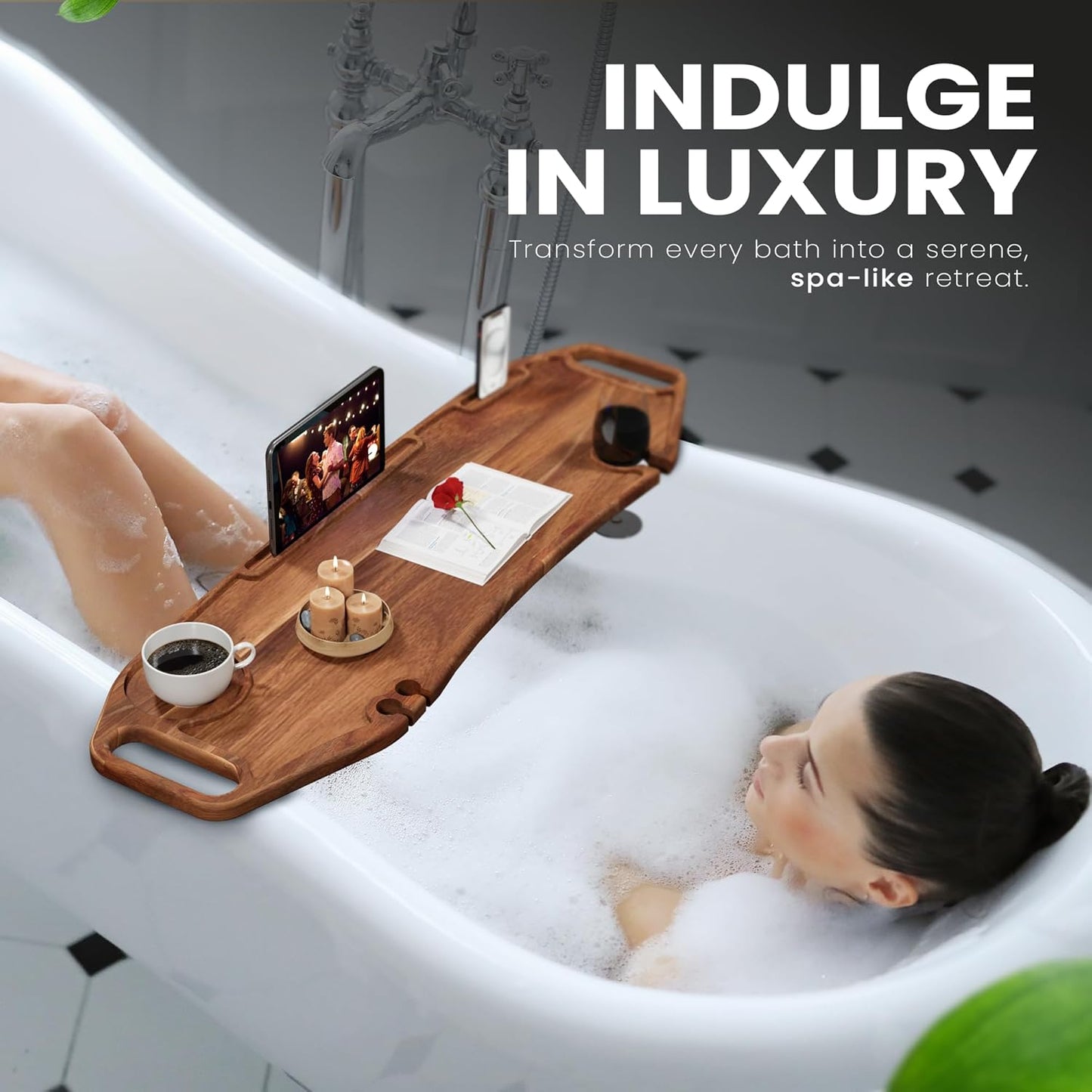 Lush & Style Premium Bathtub Tray Large & Thick 35” x 10``, Acacia Wood Luxury, Waterproof, Non-Toxic, Adjustable Legs, No Tools Required,Caddy Tray, Luxury Bath Accessories
