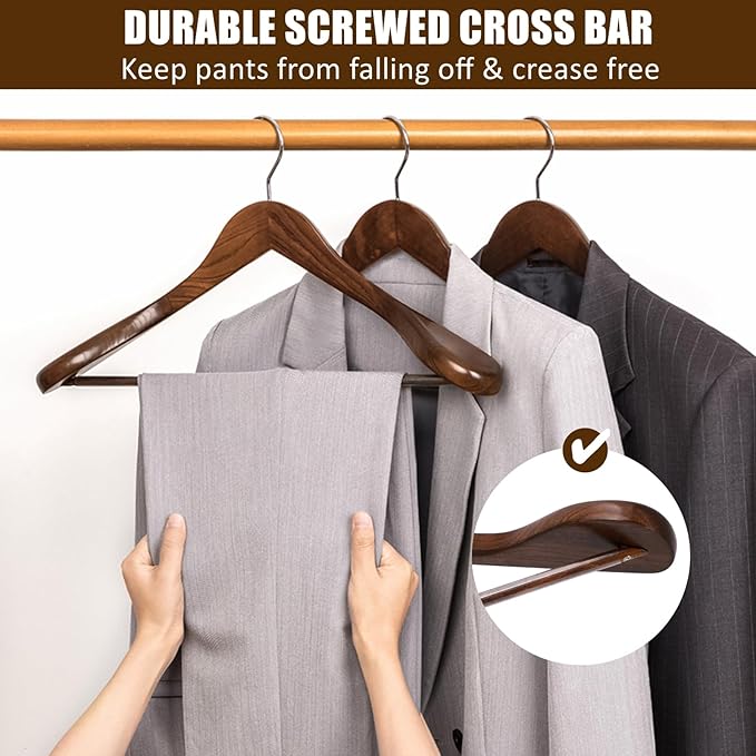 Amber Home 6 Pack Walnut Wide Shoulder Wooden Suit Coat Hangers with Non Slip Pants Bar, Solid Wood Jacket Clothes Hangers Smooth Finish for Sweater, Pants, Heavy Clothes (Walnut, 6 Pack)