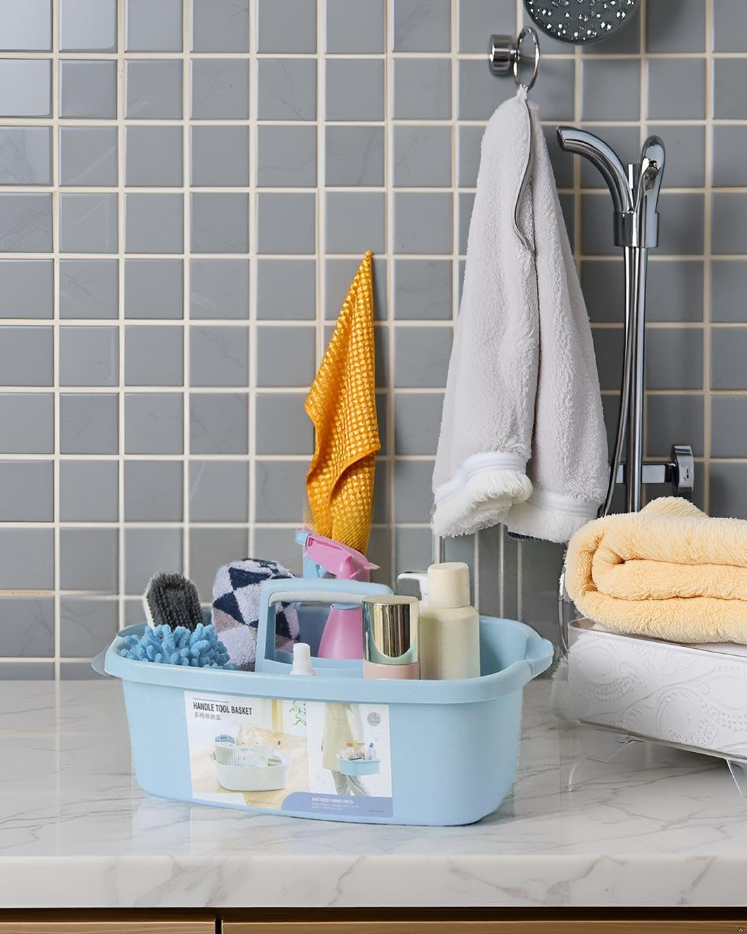 Cleaning Supplies Organizer, Large Cleaning Supply Caddy with Handle, Portable Cleaning Tool Storage Tote for Dorm, Bath, Pantry (Blue)