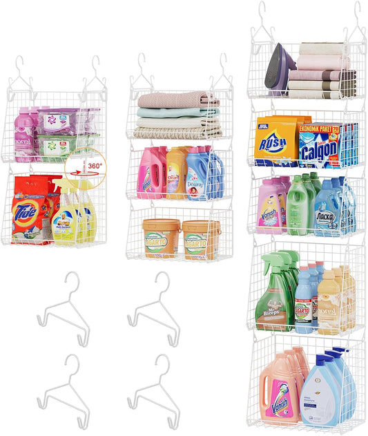 Sonyabecca 5-Tier Hanging Laundry Basket Organizer: Foldable Wire Shelf Basket with 4 Large Hooks 1.65" & 360°Rotating Hooks – Space-Saving Laundry Room Organization for Wardrobe Closet, White Patent