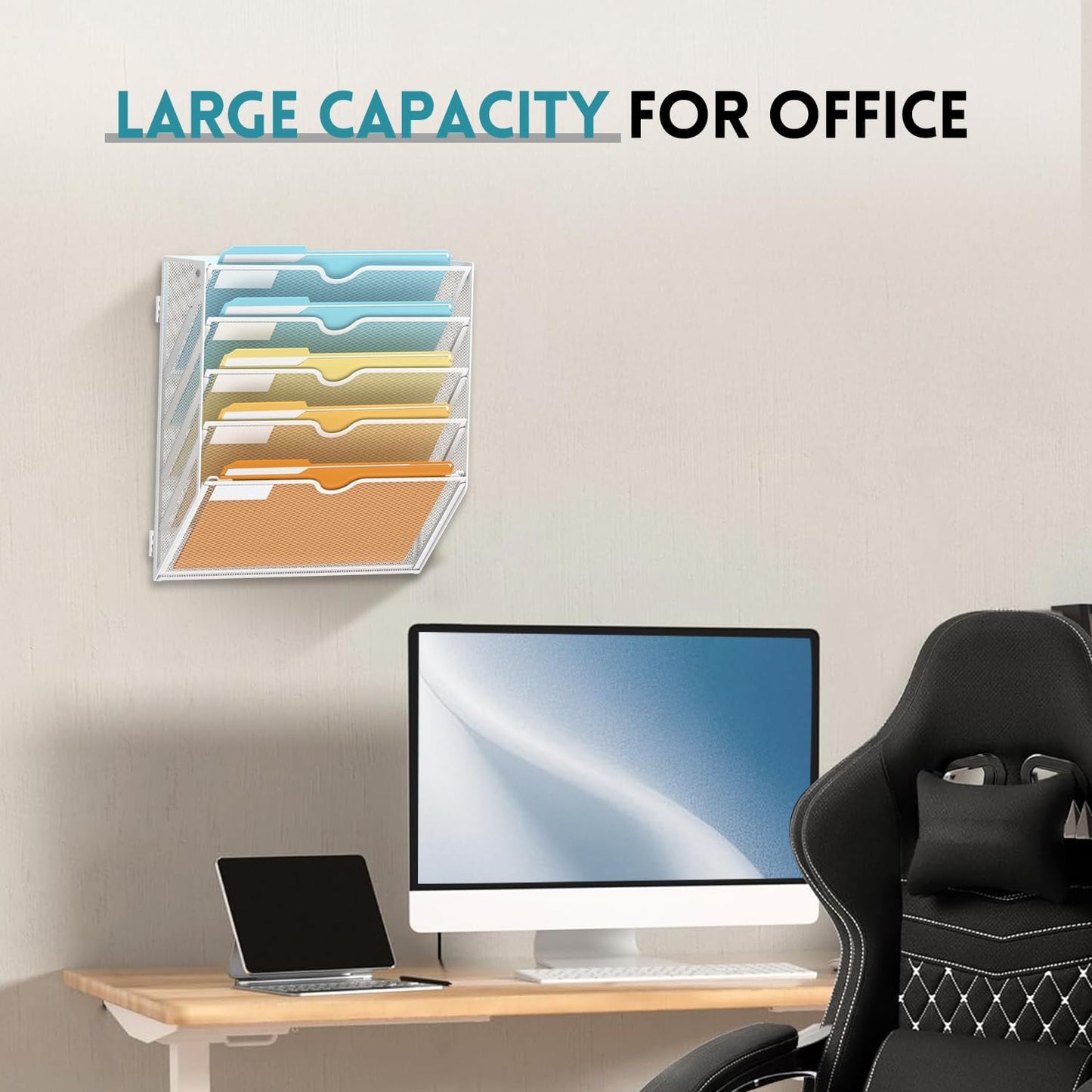 SUPEASY 5-Tier Wall File Organizer Mesh Office Mail Holder, Hanging Wall Organizer Magazine Rack for Office White