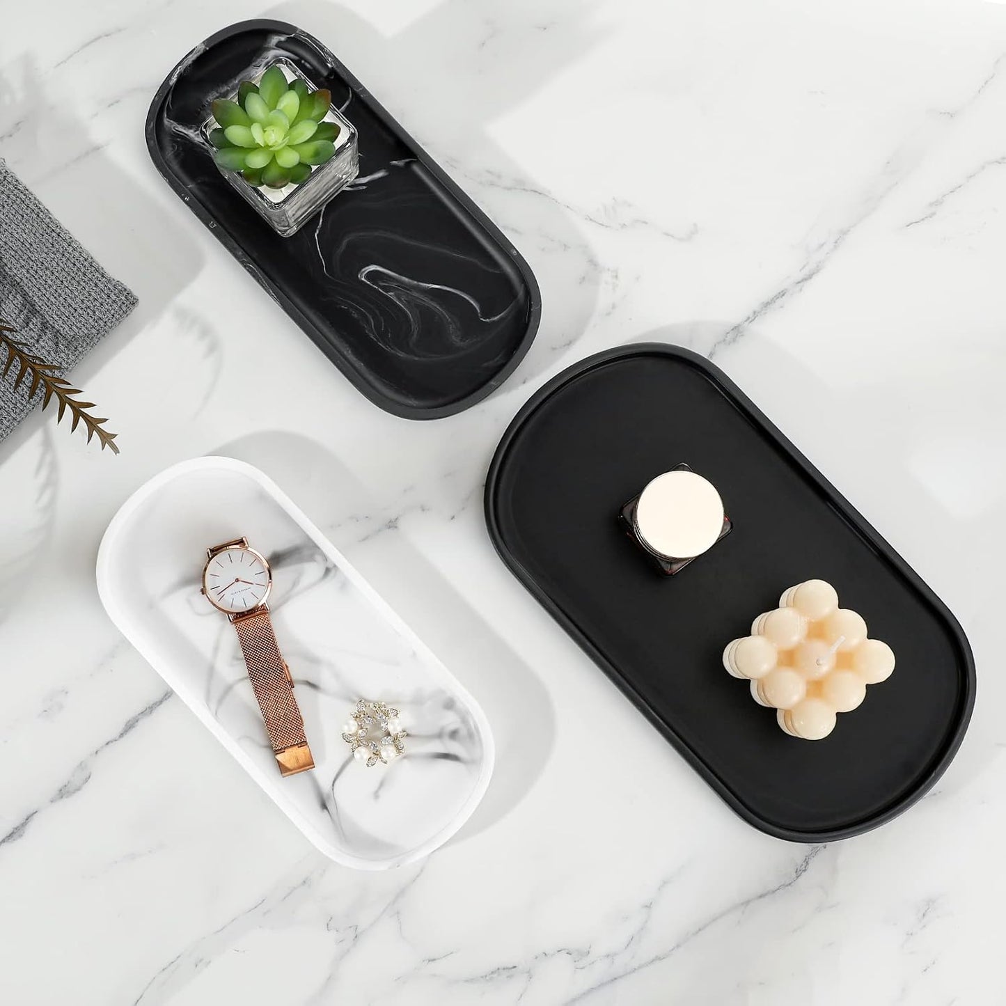 Luxspire Bathroom Vanity Tray, Oval Soap Dispenser Tray, 10" Marble Kitchen Counter Trays, Resin Bathroom Tray for Counter, Toilet Tank Tray, Trinket Tray for Perfume Jewelry, Small, Marble White