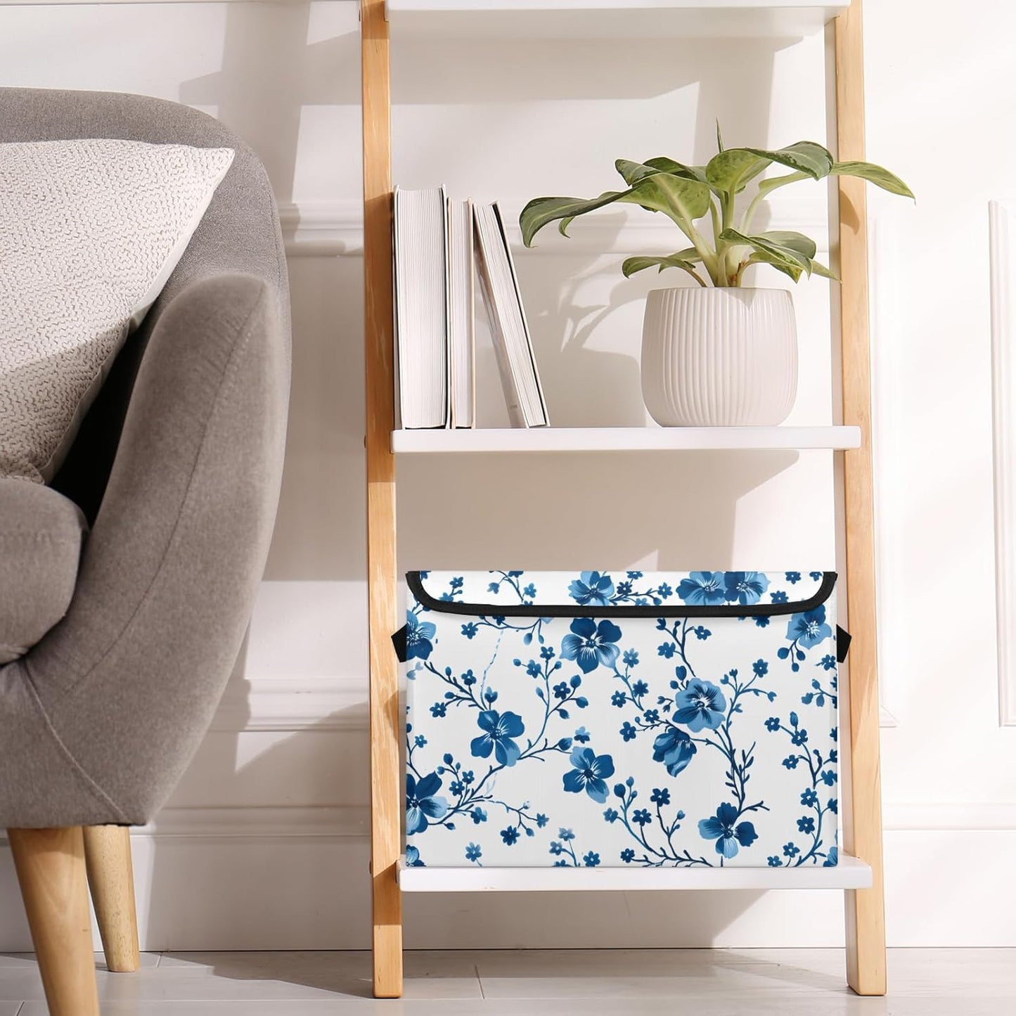 Closet Storage Bins Storage Baskets for Organizing with Flip-Top Lid & Handles, 27 Quart Large Linen Closet Organizers and Storage Cubes, Decorative Wardrobe Boxes for Organization (Blue Plum Flowers)