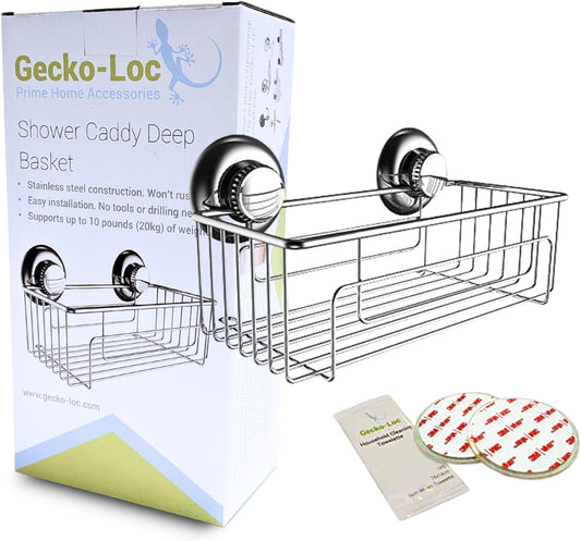 Gecko-Loc Large Deep suction cup wall mount bathroom shower caddy - shampoo storage basket shelf organizer caddie bath shelves - Silver