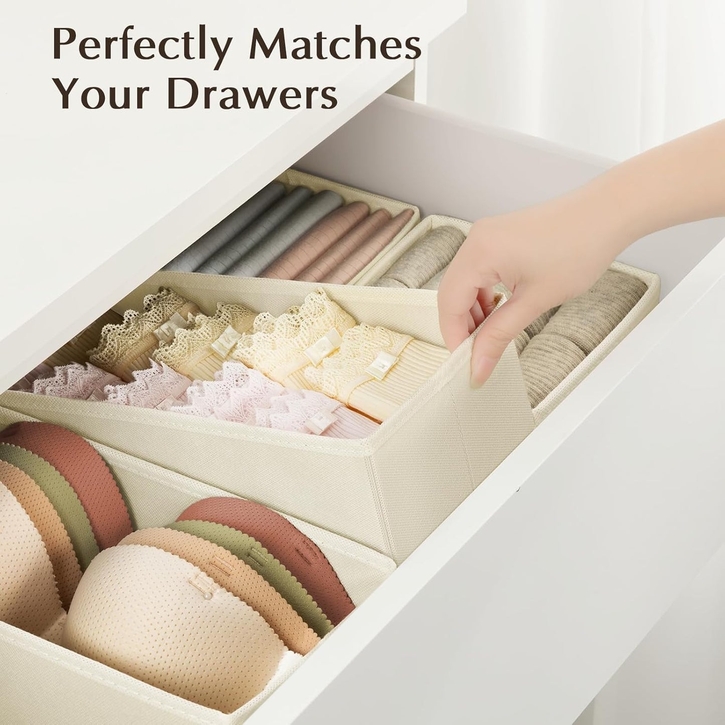 DIMJ Drawer Organizers Clothes, Set of 4 Dresser Organizer Bins, Fabric Closet Organizers and Storage, Shallow Drawer Dividers for Nursery, Clothing, Baby Clothes, Socks, Underwears, Tie (Beige)