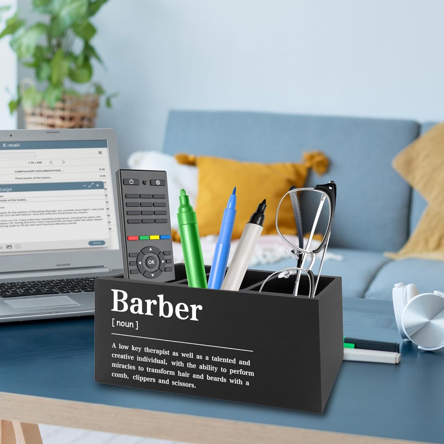 Barber Definition Pen Pencil Holder Organizer for Desk, Salon Barbershop Decor, Modern Minimalist Barber Shop Wooden Box Signs Decorations for Home Office Desk Tabletop