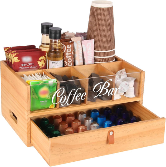 2-Tier Coffee Bar Organizer with Clear Acrylic Top, Built-in Drawer and Leather Handle Pull for Countertop, Stylish Coffee Station Storage Box for Accessories, Pods, Great Gifts for Home