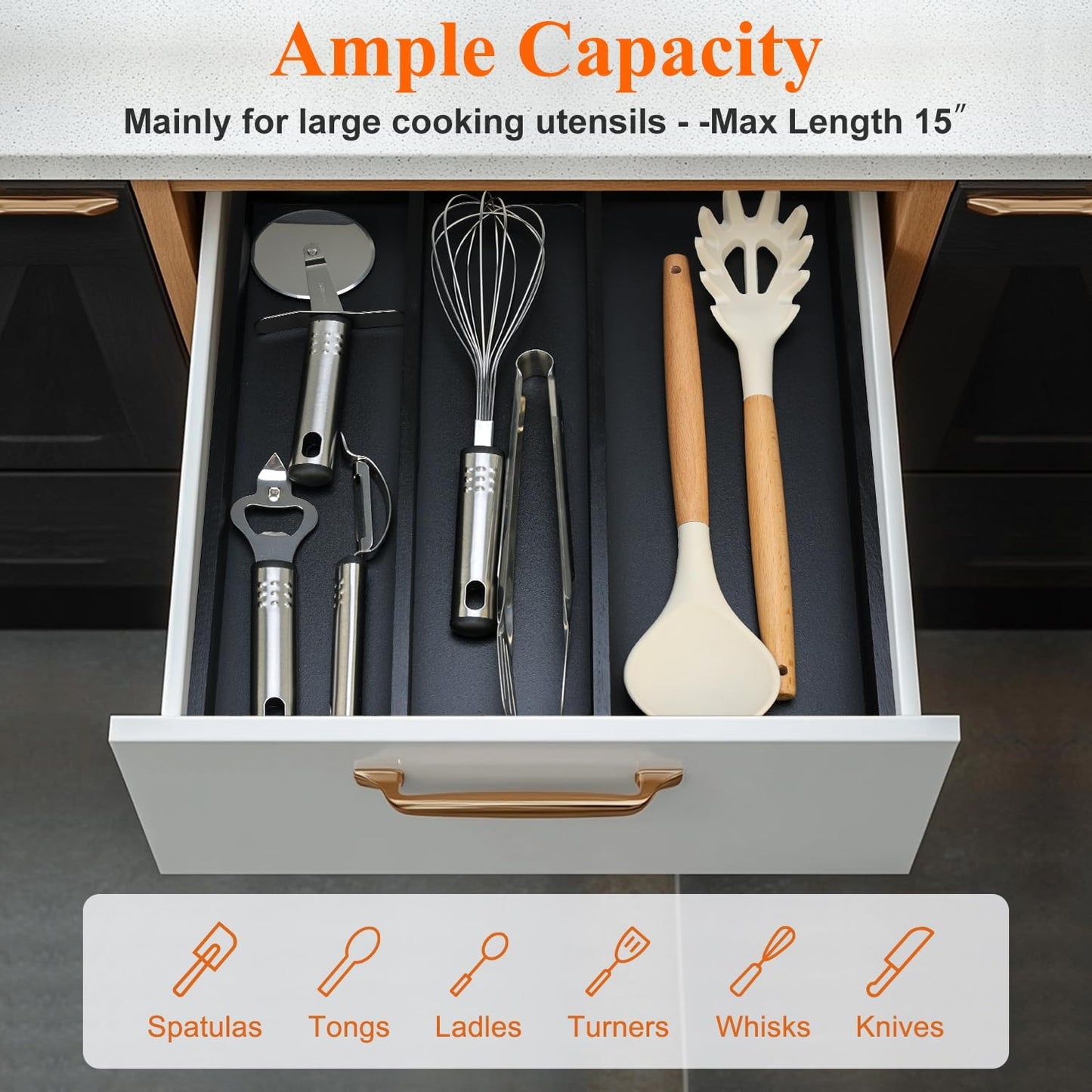 Bamboo Kitchen Tool Drawer Organizer Storage Black Cutlery Tray Expandable Silverware Drawer Divider Organizers Large Cooking Utensil Holder for Drawers Spoon Flatware Organizer Silverware Trays