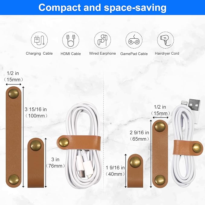 Coideal Leather Cable Ties Organizer, 20 Pcs Earphone Cable Straps Reusable USB Cord Keeper with Snap Cord Clips Holder for Phone (Short + Long, Brown)