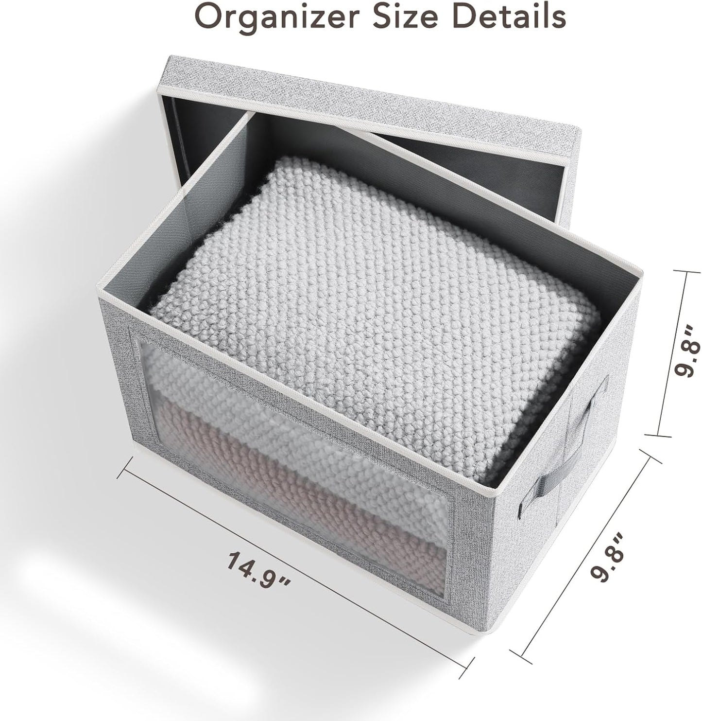 Storage Box with Lids - 5 Pack Foldable Clear Window Storage Bins, Large Decorative Storage Bins with Handles, Storage Containers for Clothes, Towel, Blanket, Sheet, Light Grey
