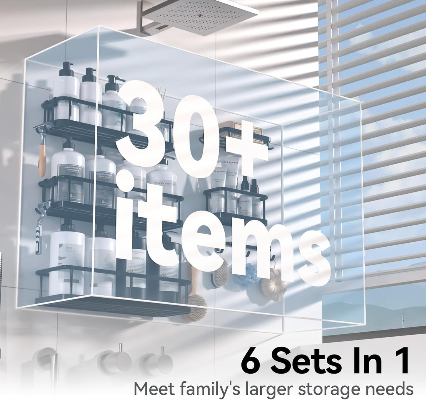 YASONIC Shower Caddy 6 Pack Rustproof shower Organizer, Large Capacity Shower Shelves for inside shower, Bathroom Organizers and Storage with Soap Holder and 12 Hooks, Adhesive Shower storage