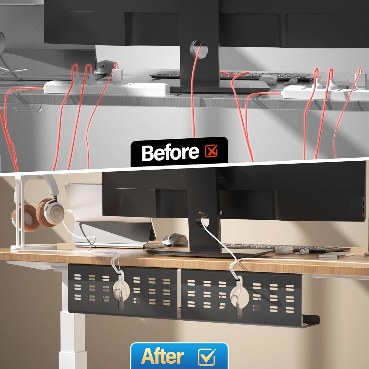 2 Pack Cable Management Under Desk Black, Cinati 32" Large Cable Management Tray, Under Desk Alloy Steel Wire Organizers, Cord Hider Tray for Office and Home - Tape or Screw Installation