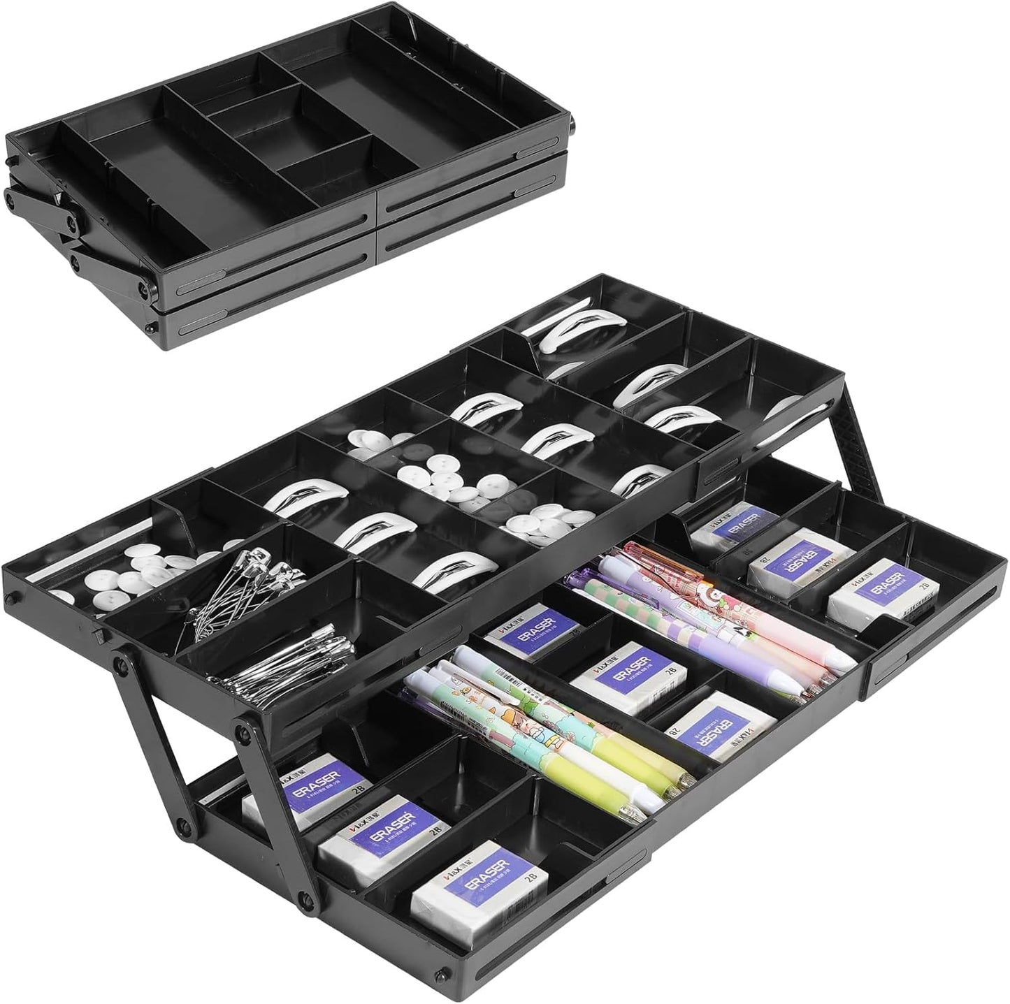 Aobiono Multi Level Smart Drawer Organizer, Multi Tier Expandable Storage Collapsible Foldable Trays for Jewelry, Cosmetics, Makeup, Tools, Battery (Black, Single Row - 2 Levels)