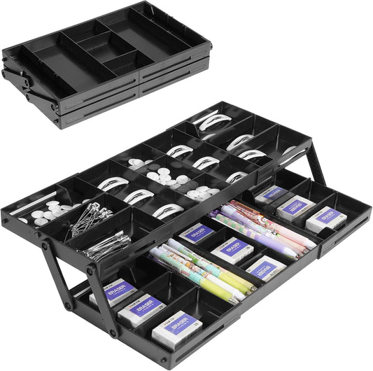 Aobiono Multi Level Smart Drawer Organizer, Multi Tier Expandable Storage Collapsible Foldable Trays for Jewelry, Cosmetics, Makeup, Tools, Battery (Black, Single Row - 2 Levels)
