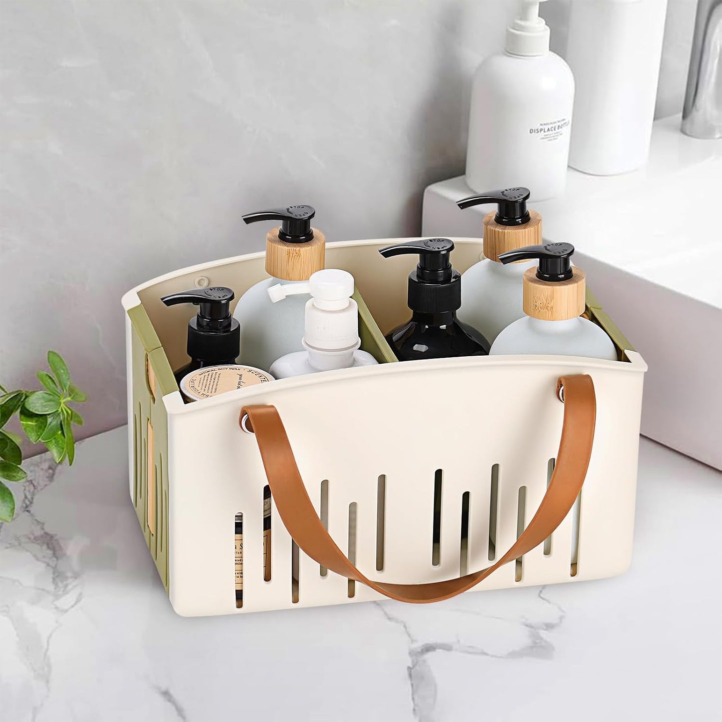 Portable Shower Caddy Collapsible Plastic Shower Basket Tote with Handles Removable Divider, Cleaning Caddy Storage Organizer for Bathroom College Dorm (Green)