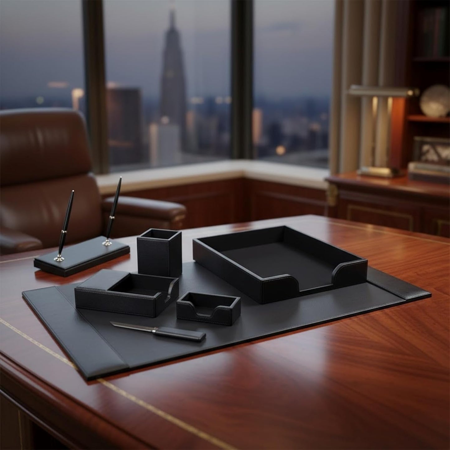 Dacasso Bonded Set Luxury Leather Desk Pad & Desk Organization Essentials, 7 Piece, Black