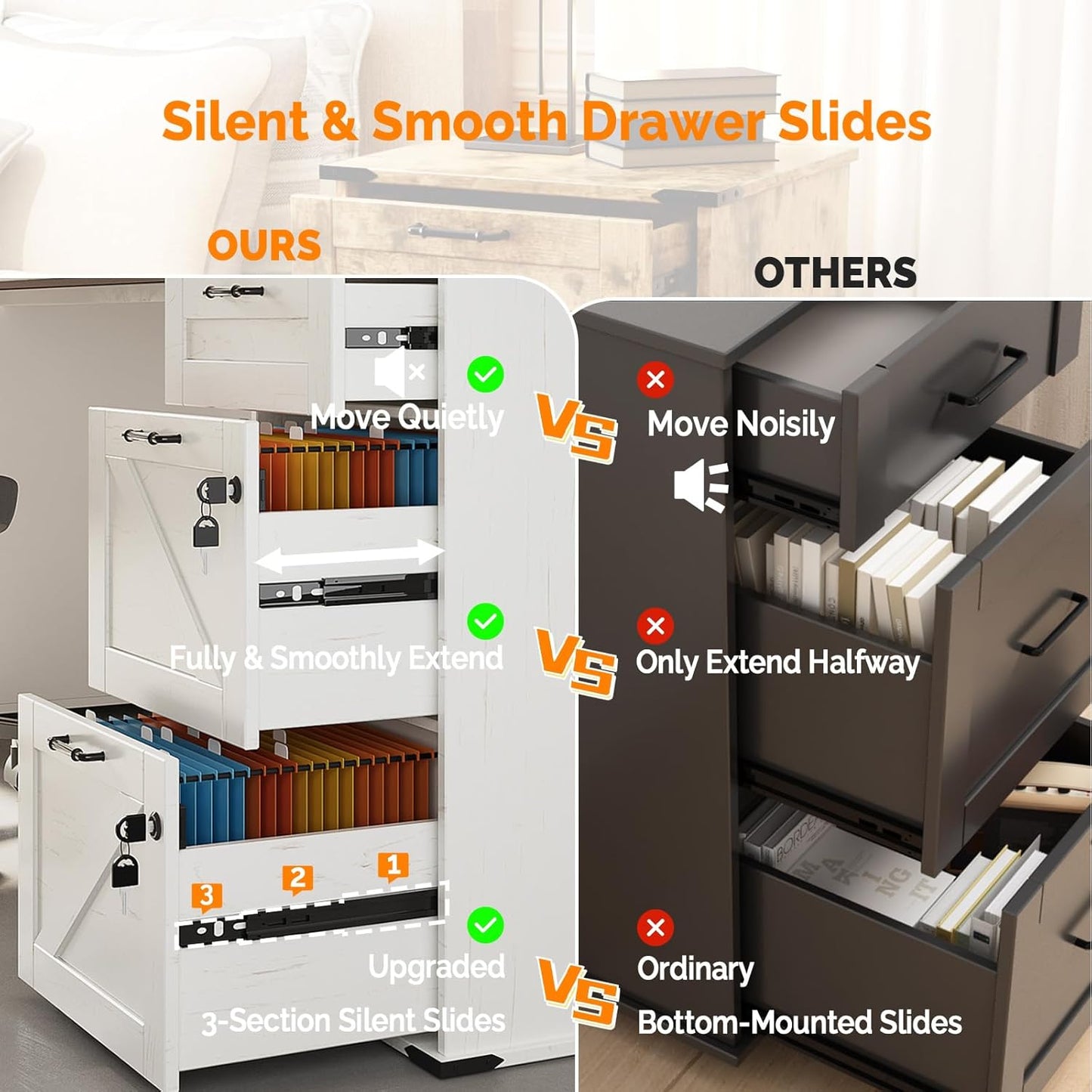 VINGLI 3 Drawer File Cabinet with Lock, Home Office Filing Organizer, for Letter Size File Folder Storage, Modern Farmhouse Style, Wood Vertical Filing Cabinet, Archivador (Rustic White & Brown)