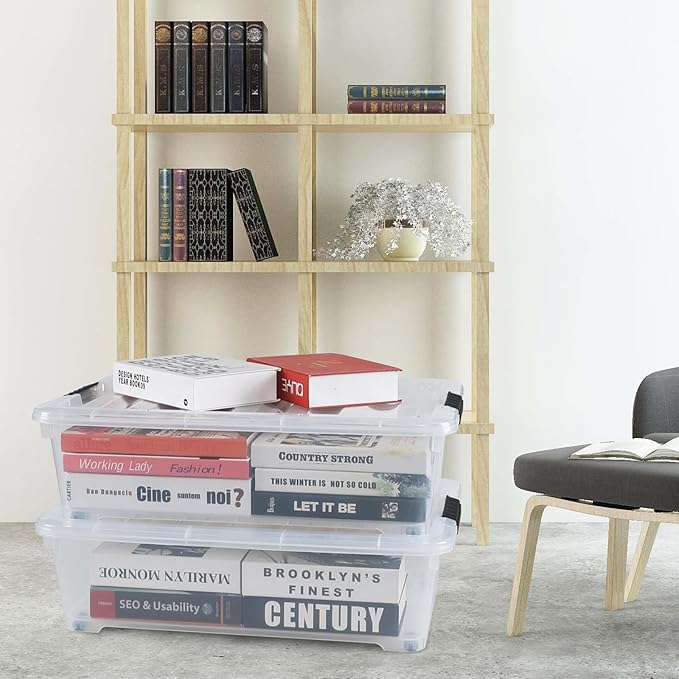 Hespama 25 Quart Clear Plastic Underbed Storage Bin with Wheels, 3 Pack