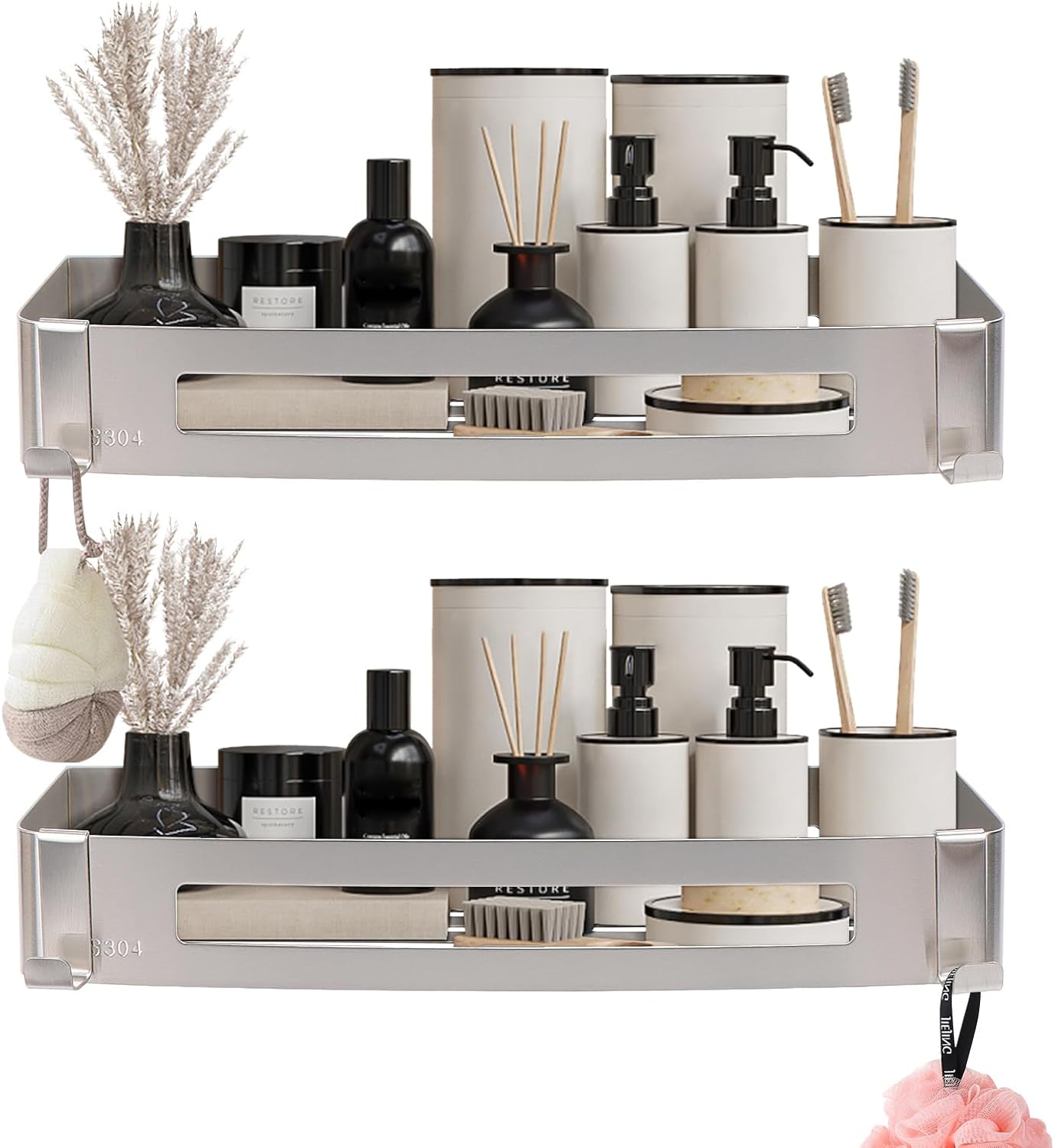 NearMoon Bathroom Shower Caddy 2 Pack, No Drill 304 Stainless Steel Shower Organizer with 2 Hooks (Shower Shelf, Brushed Nickel)