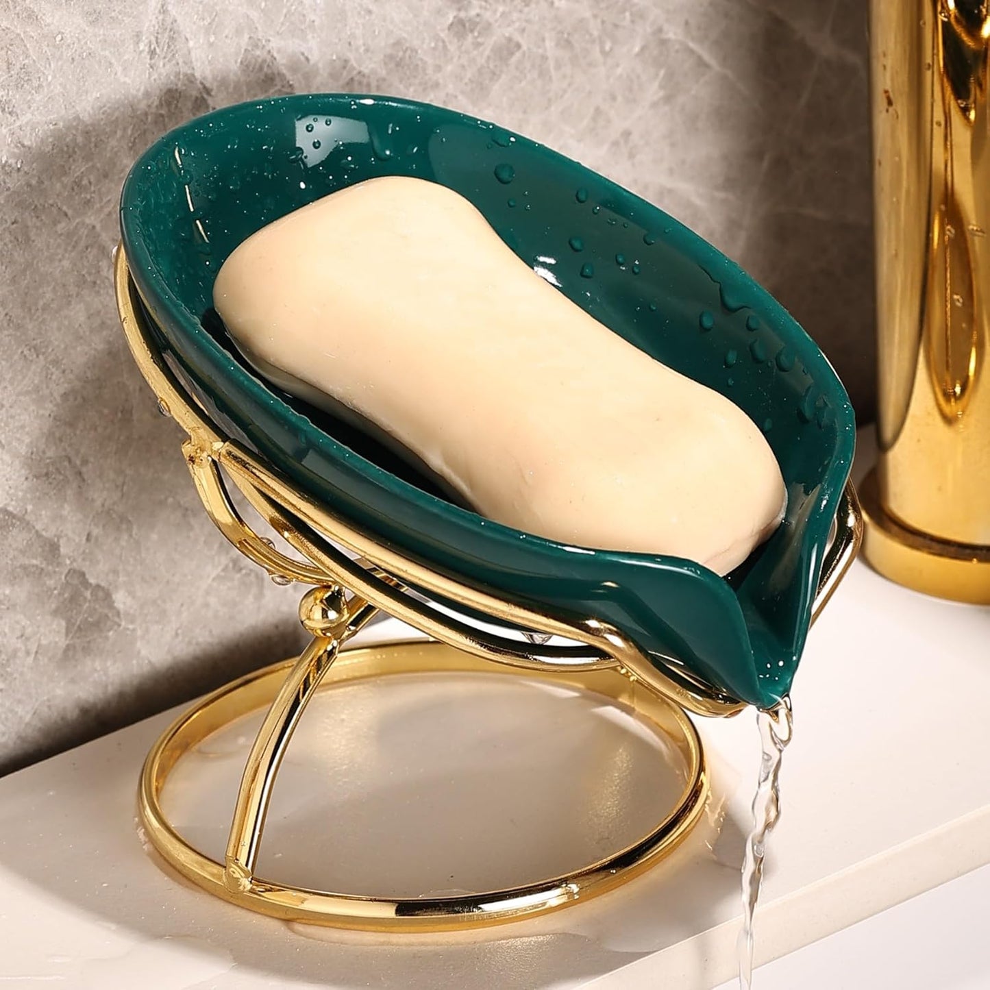 Leaf Shaped Ceramic Soap Dish Premium Ceramic Soap Bar Holder with Self-Drainage System for Shower, Bathroom Sink, Kitchen Waterfall Soap Dish with Stainless Steel Stand Green