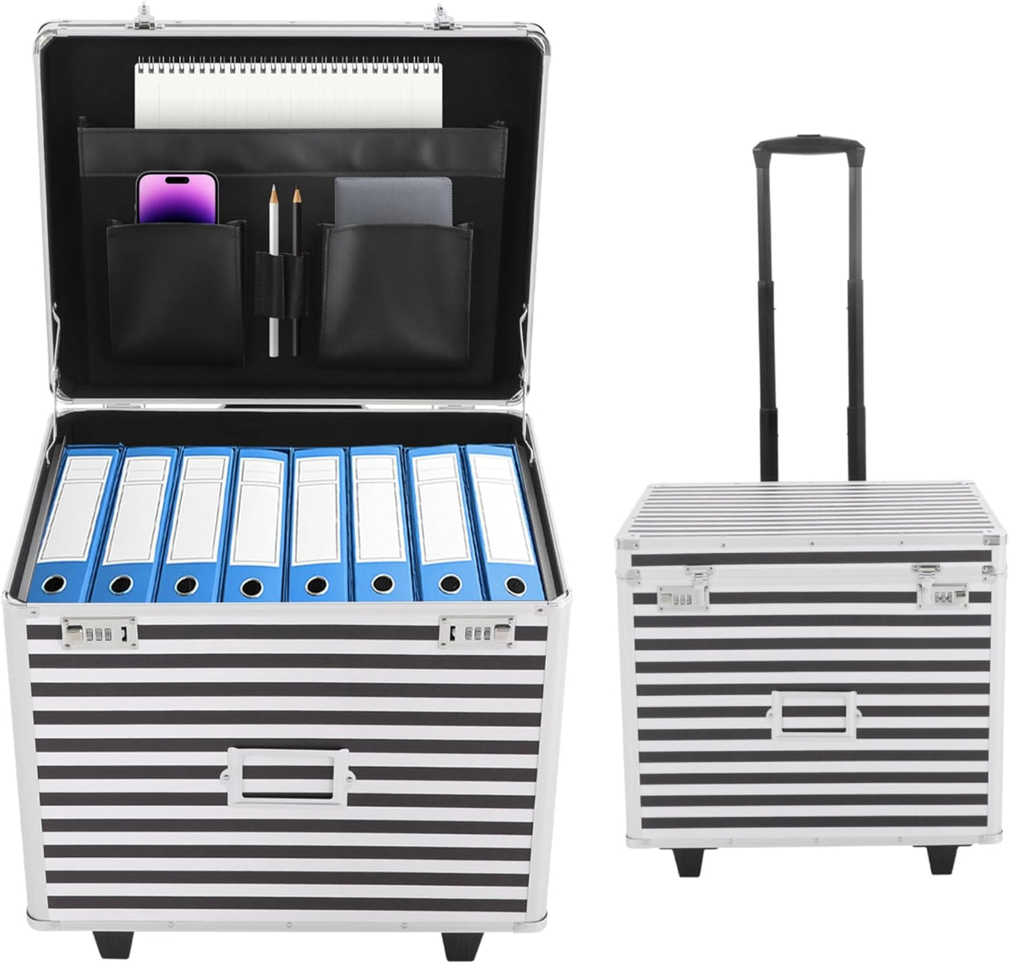 Rolling Cart for Teachers, Rolling File Cart with Hanging Folders, Portable File Box with Handle, Aluminum Alloy, Passcode Lock, Striped Pattern