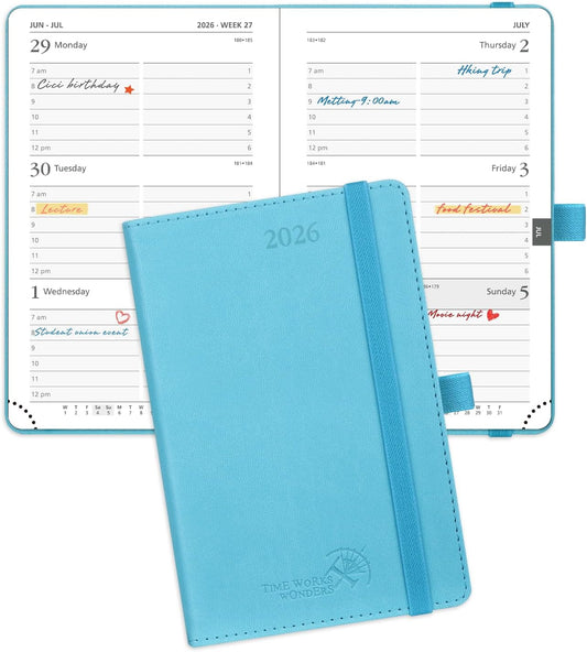 POPRUN Pocket Calendar 2026 (Small Size- 4'' x 6.25") Weekly and Monthly for Purse - Planner 2026 (Jan. 2026 - Dec. 2026) with Vegan Leather Soft Cover, Pen Holder and More - Blue Green