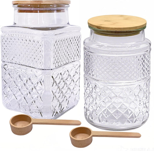 60 OZ Vintage Glass Jar with Lid Wood Spoon Set of 2 Decorative Glass Storage Jars Airtight Lids Clear Canister Container for Food Candy Cookie Sugar Coffee Bean Tea Nuts Snack Dog Treat Vase