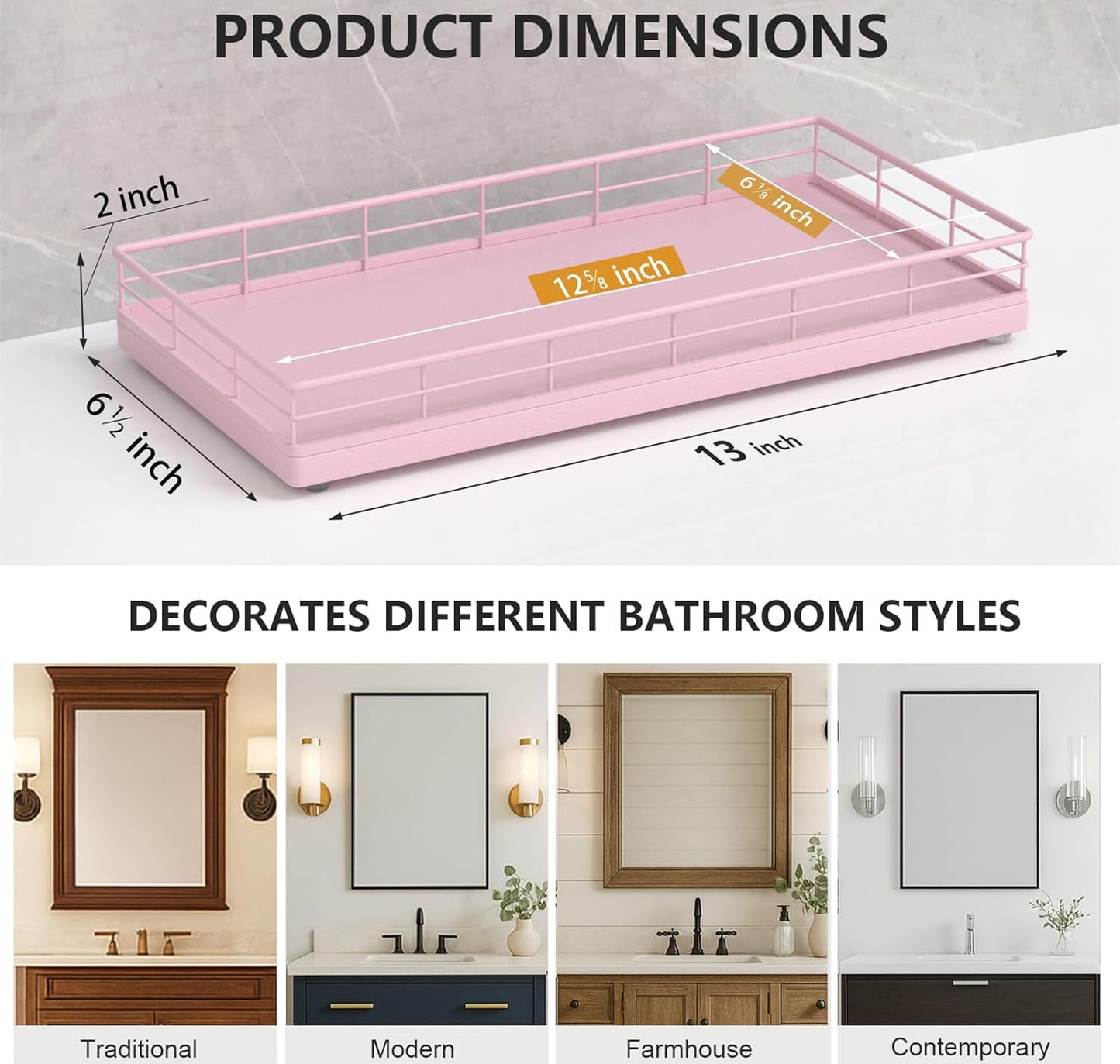 Toilet Tank Tray Organizer – Oak Wood Bathroom Counter Basket with Metal Frame, Back of Toilet or Tank Top Paper Holder Storage – Pink Modern Decor