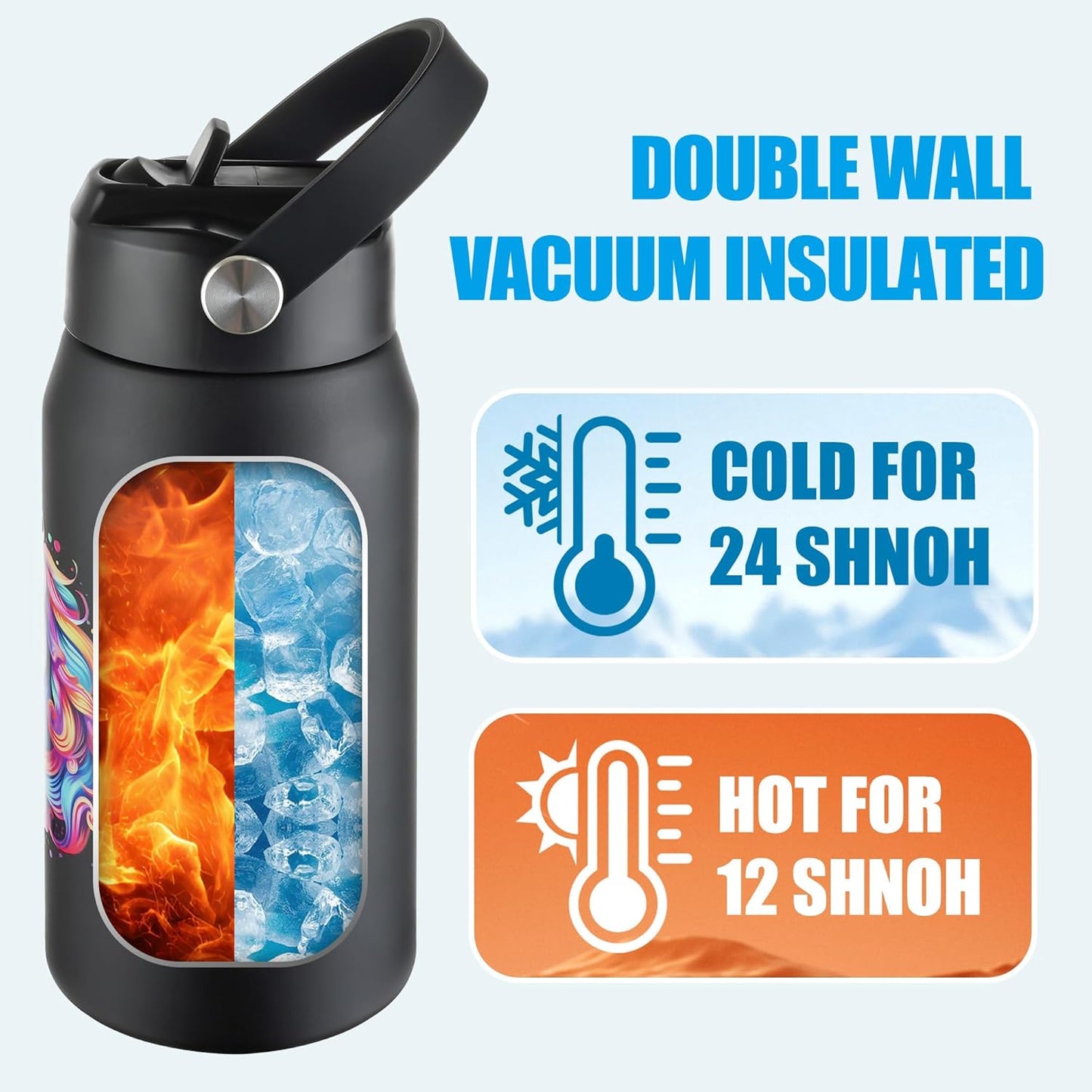 OLDLEY kids Water Bottle - 18oz Insulated Stainless Steel - Wide Straw Lid, Non Spill, Leakproof, Kids Water Bottle for School,Black Unicorn