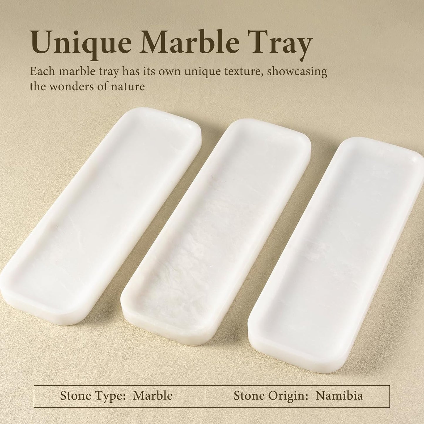 Koville Marble Tray for Bathroom Sink, 12"x4" Natural Stone Vanity Tray for Kitchen Dresser Countertop, Rectangular Decorative Marble Tray for Jewelry Perfume Trinket(White)