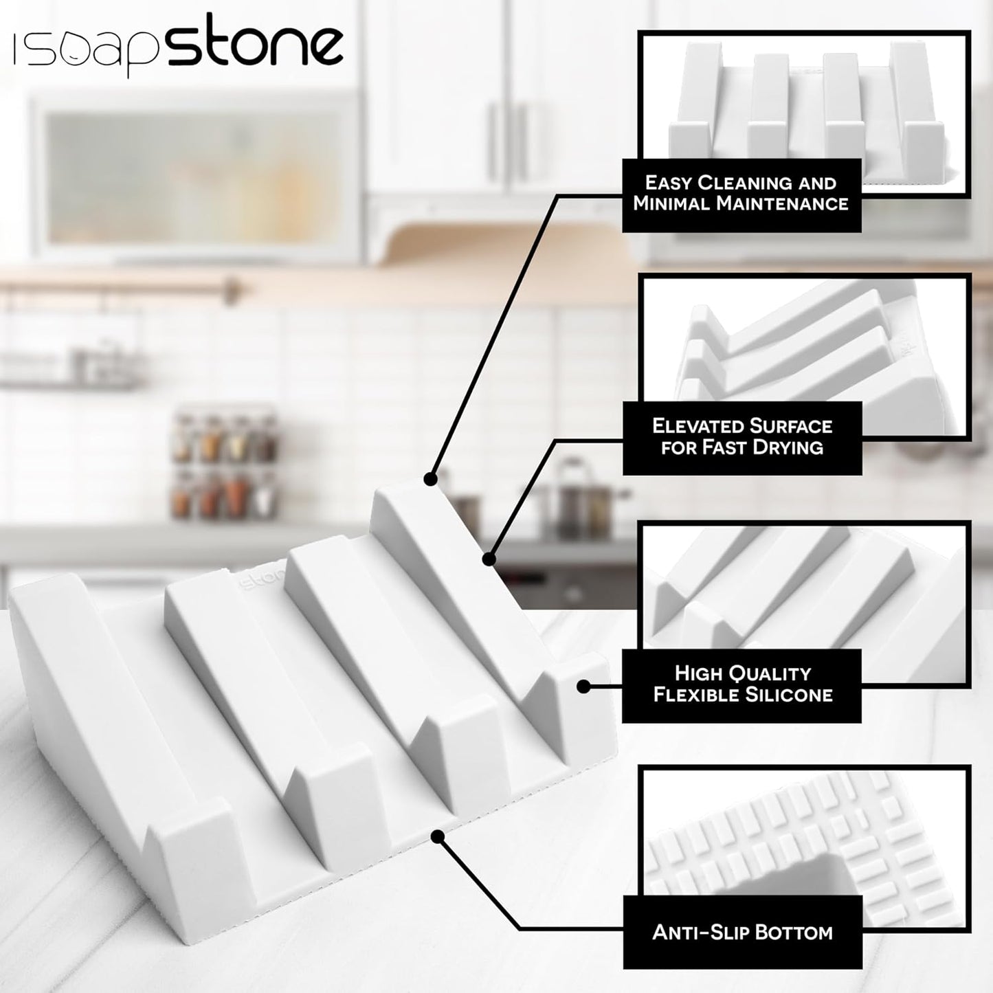 Silicone Soap Dish (USA Patented) Self Draining Bar Soap Holder for Shower Bathroom Sink, Drying Soap Dish Tray Kitchen Sponge Holder Easy Cleaning Soap Saver Mat (Pure White, 2)
