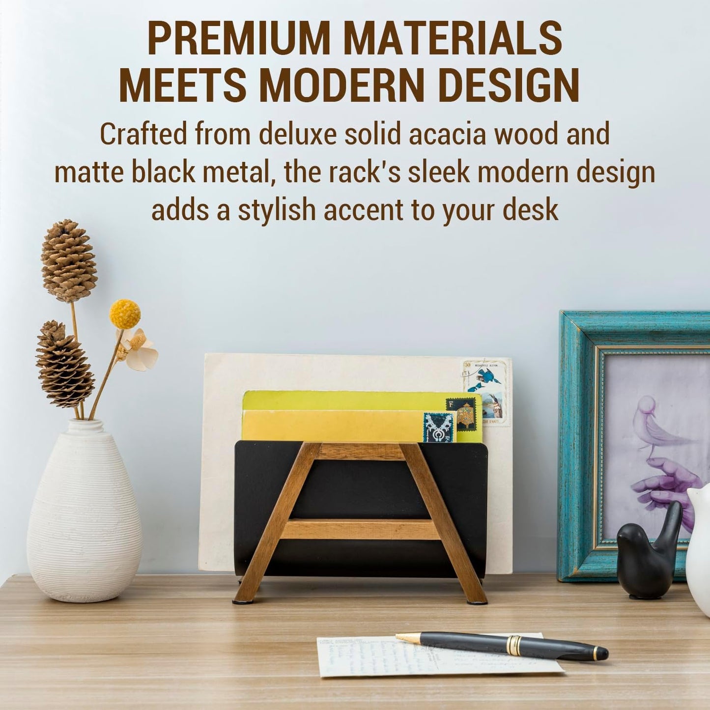 MyGift Modern Desktop Mail Holder, Urban Solid Acacia Wood and Matte Black Metal Tabletop Letter Sorter