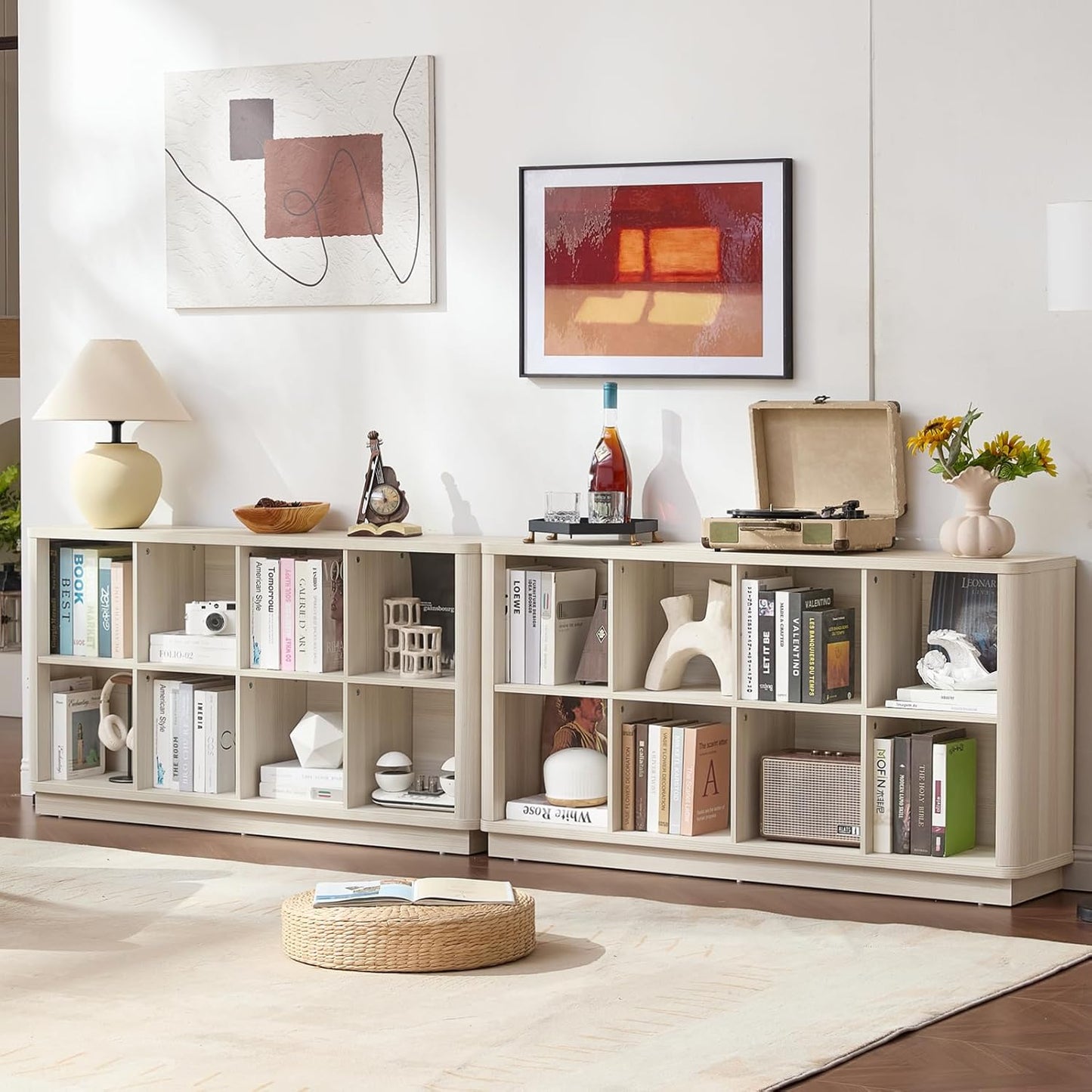 8 Cube Storage Bookcase, 52" Long Horizontal Book Shelf w/Curved Edge, Wooden Floor Standing 2-Tier Cubby Console Bookshelf with Base, Modern Low TV Stand for Living Room, White Cream Oak