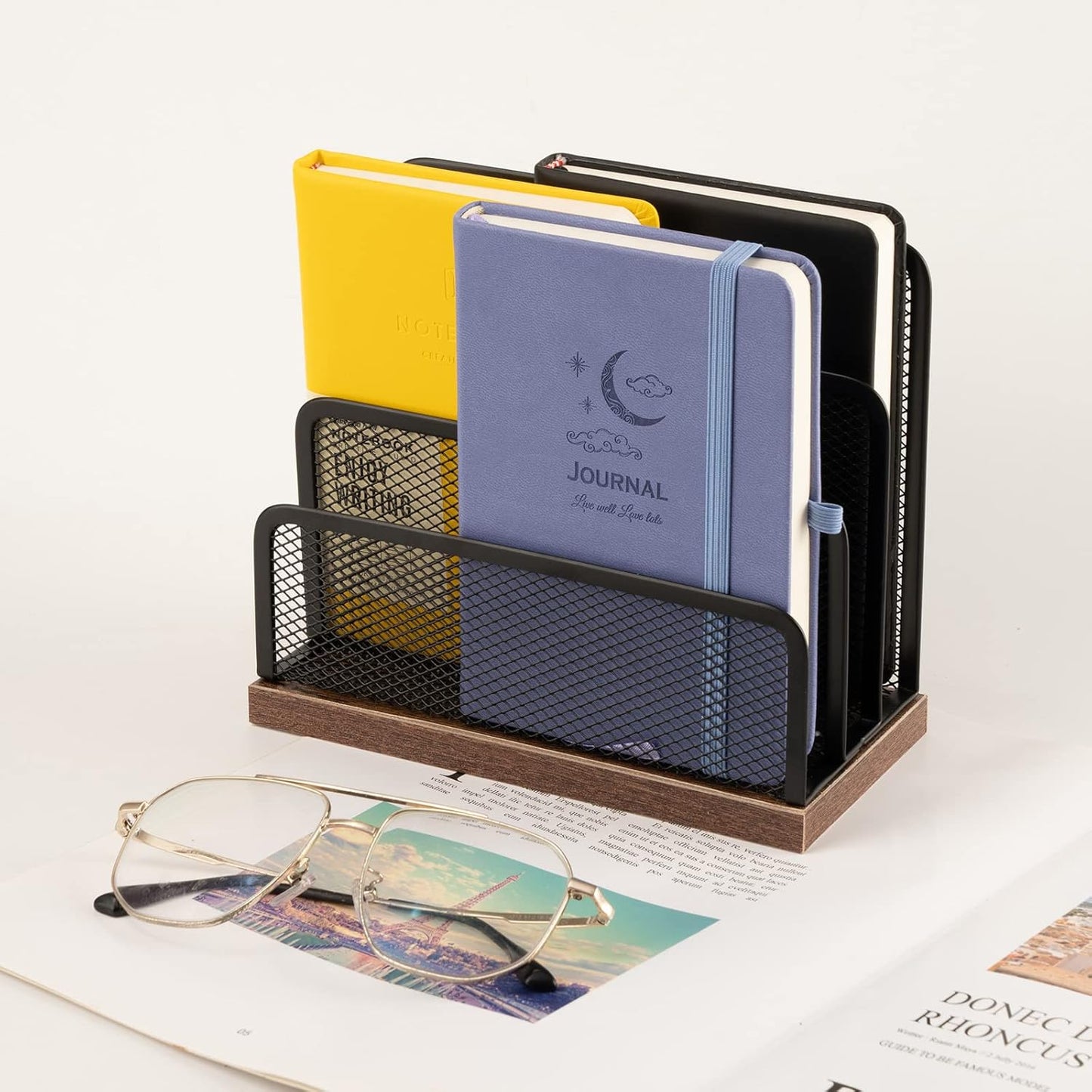 3-Tier Vertical File Storage with Retro Wooden Desk Mail Organizer and Metal Mesh Desktop Organizer for Home Office