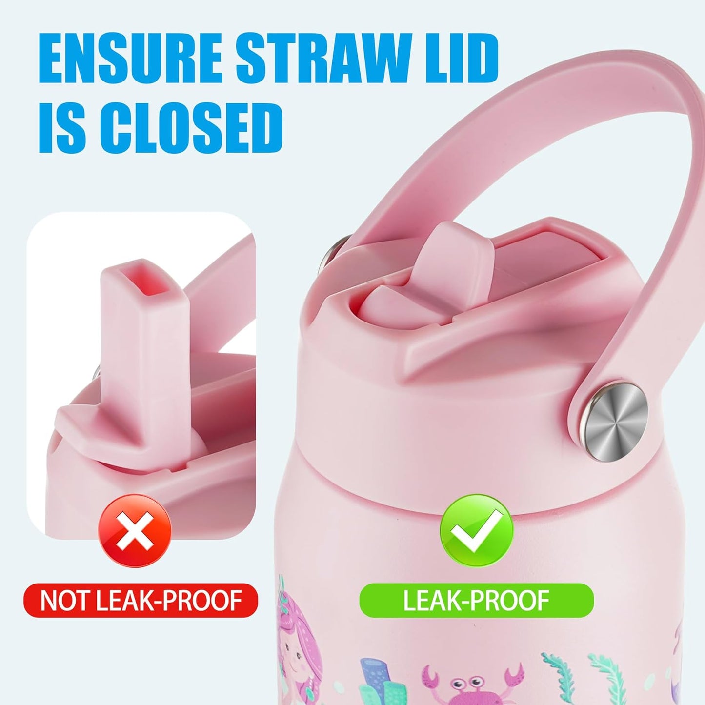 OLDLEY kids Water Bottle - 18oz Insulated Stainless Steel - Wide Straw Lid, Non Spill, Leakproof, Kids Water Bottle for School,Mermaid