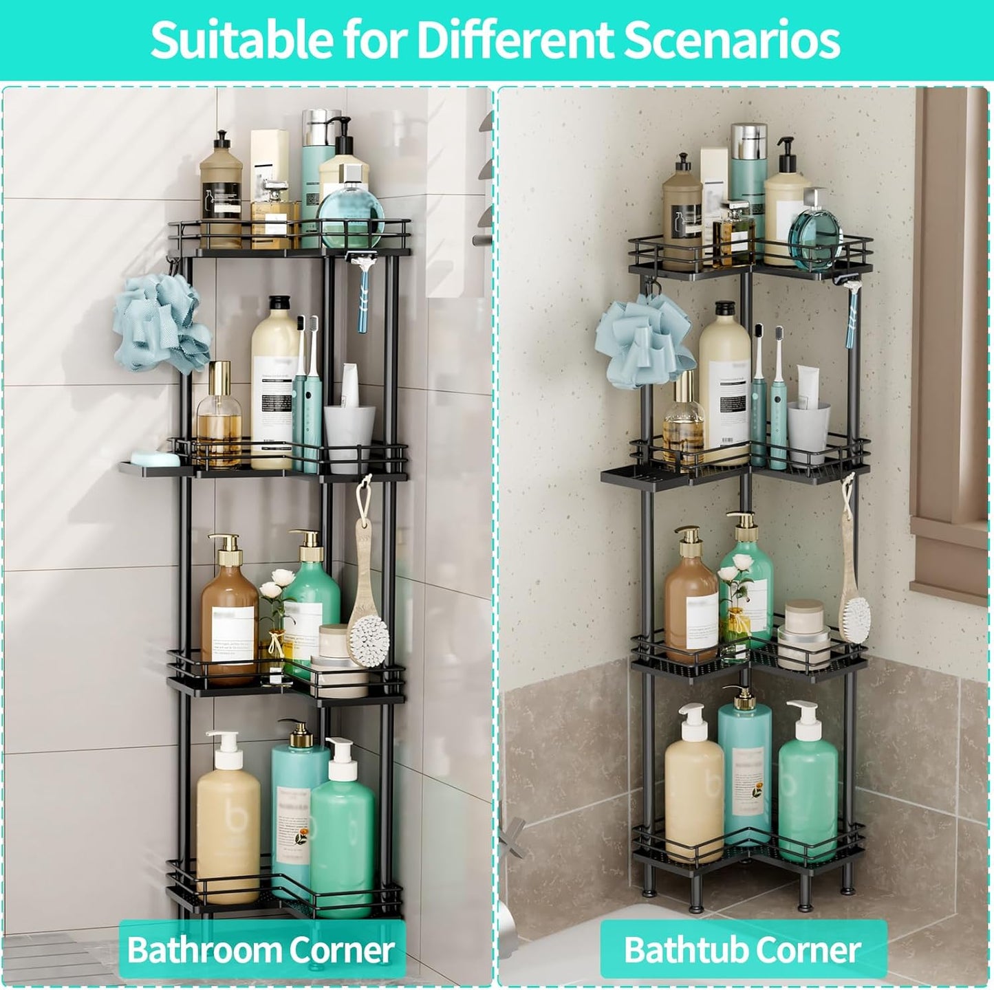 HapiRm Corner Shower Caddy Organizer - 4 Tier Shower Shelf Corner with Soap Holder, Rustproof Bathroom Standing Organizer with 4 Hooks, Black