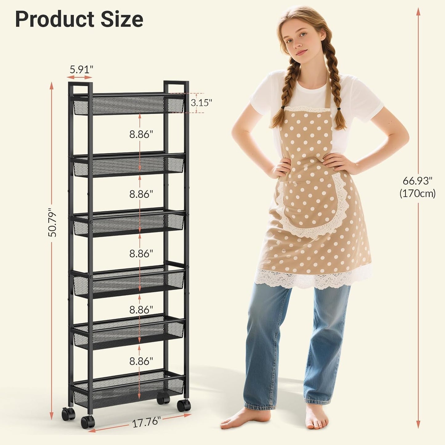 6 Tier Slim Storage Cart, Narrow Cart with Wheels, Metal Mobile Shelving Unit Organizer for Kitchen, Bathroom, Laundry Room, Living Room & Narrow Spaces, Black, 6in(W)