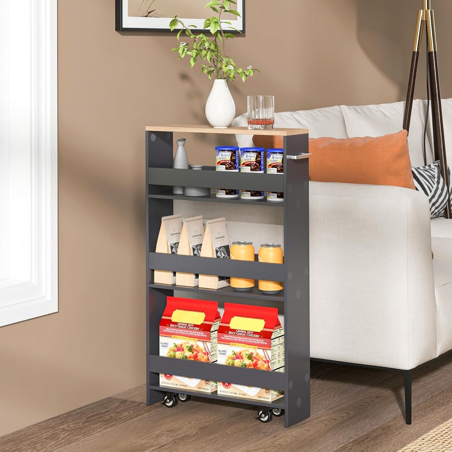 LOKO Slim Storage Cart, 4-Tier Rolling Cart with Handle & Wooden Top for Kitchen Bathroom Laundry Living Room Narrow Small Spaces, 5 Inches Width (Grey & Natural)