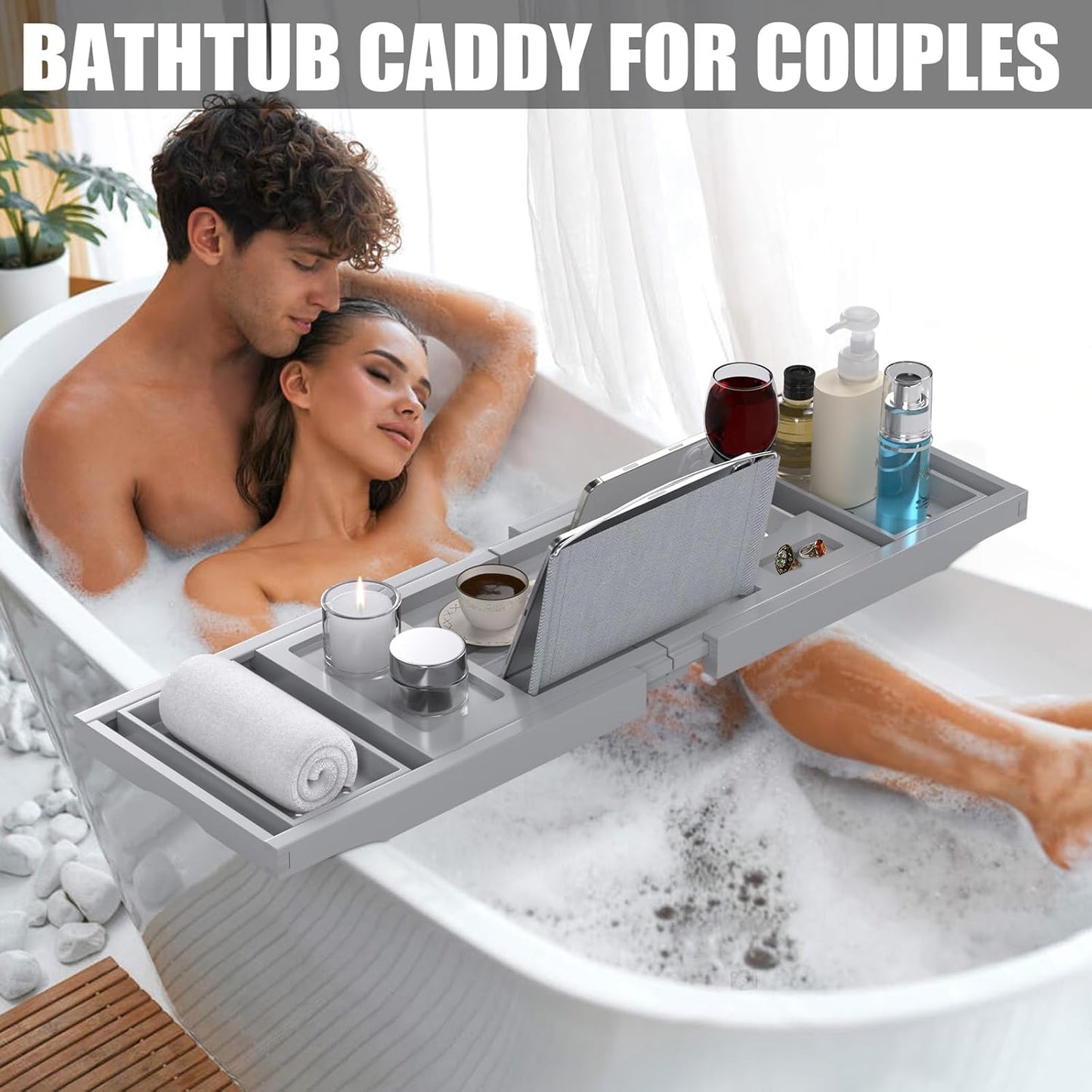 Bathtub Tray Caddy, Expandable Bath Trays for Tub, Bamboo Shelf & Table with Wine Glass Holder,Bathroom Accessories for New Home & Mothers Day & Birthday Gifts for Mom,Gray