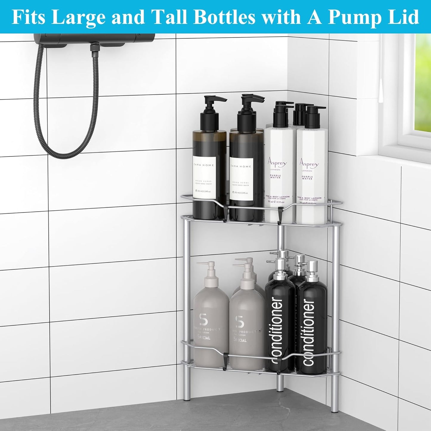 2 Tier Floor Standing Corner Shower Caddy Organizer Shelf with Hooks, Bathroom Shelves Stand Rack, Silver