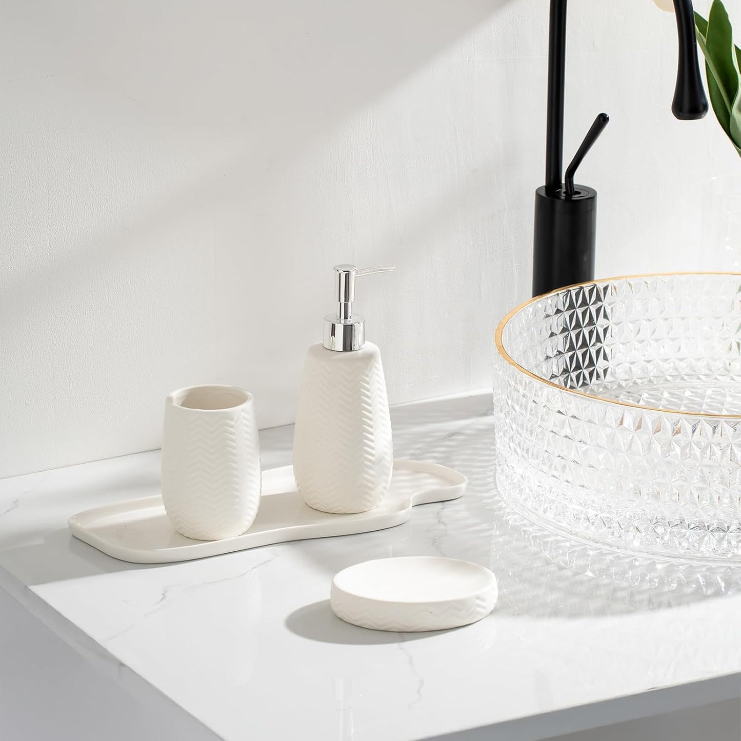 White Bathroom Accessories Set, 3pcs Ceramic Wave Design Farmhouse Decor, Complete countertop Bathroom Decor with soap Dispenser，Toothbrush Holder and soap Dish for Stylish Bathroom Organization