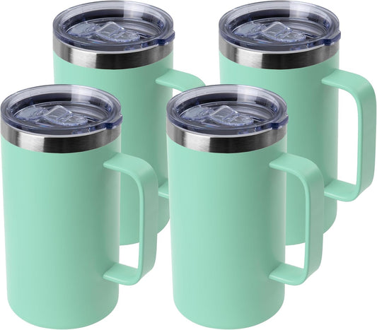 DOMICARE 24oz Mug with Handle and Lid, Stainless Steel Coffee Mug, Travel Mug with Handle, Double Wall Vacuum Coffee Tumbler, Reusable Insulated Cup, Mint Green, Pack 4