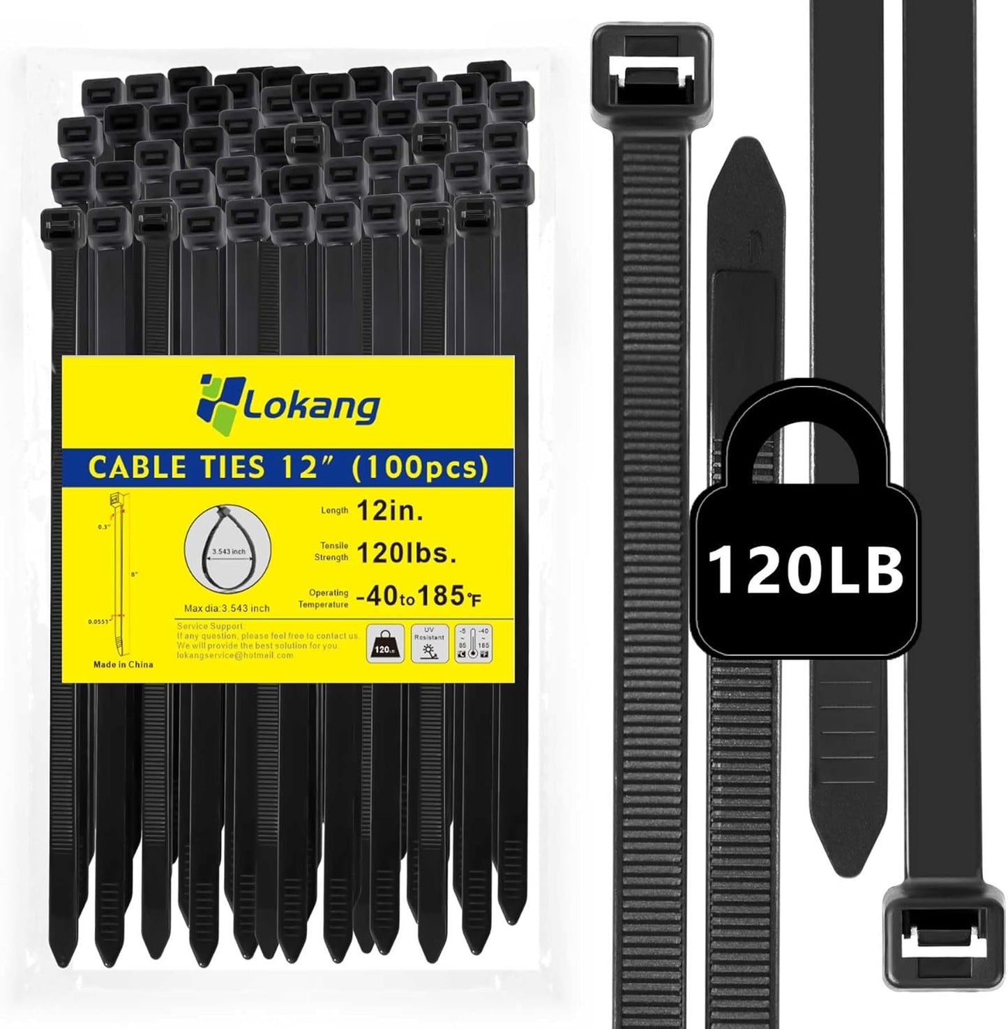 Cable Zip Ties 12 Inch Strong Black Assorted Cable Ties 100 Pack, 120 LBS Tensile Strength Heavy Duty Zip Ties, Multi-Purpose Self-Locking Cable Cord Management, Wire Ties for Indoor and Outdoor