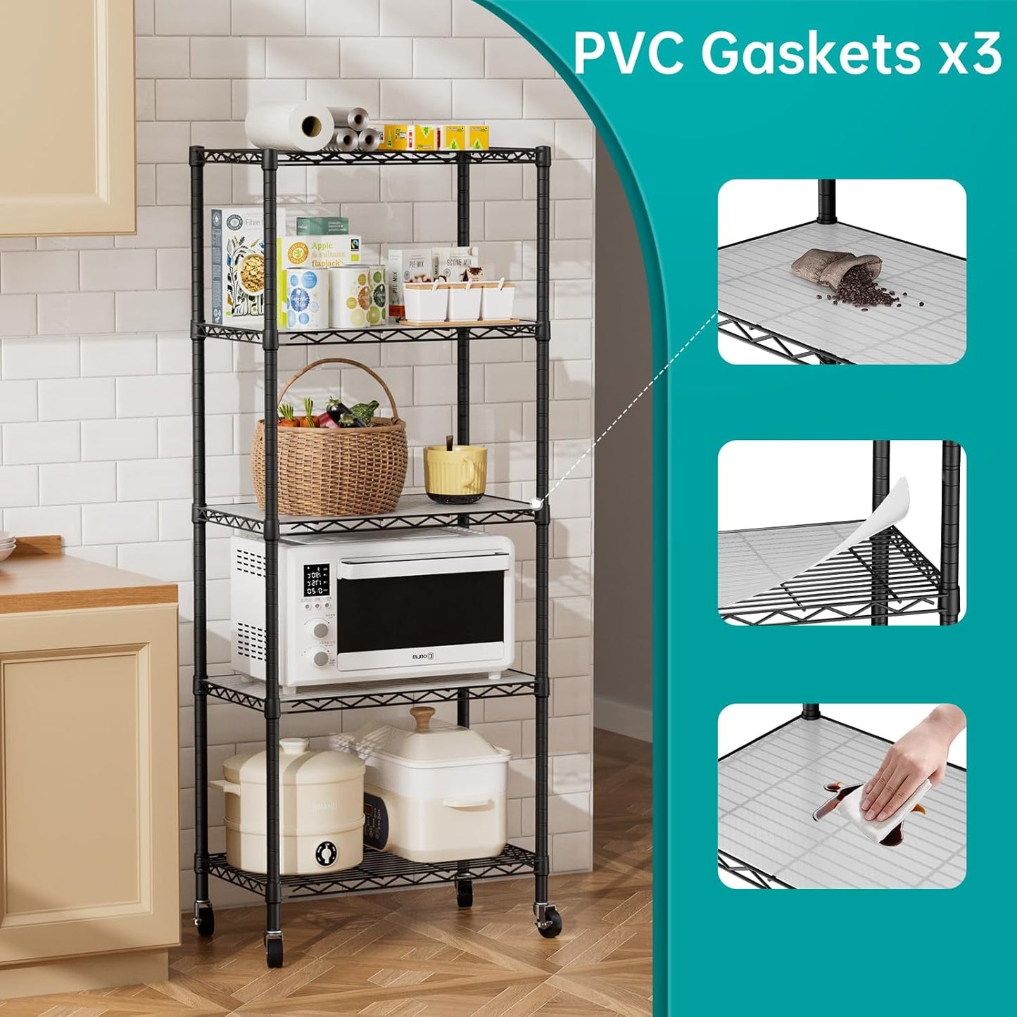 SINGAYE 5 Shelves Storage Shelf Wire Closet Bathroom Organizers Metal Pantry Kitchen Garage Shelving Unit Laundry Room Organization Home Rack Net Basket Black with Wheels