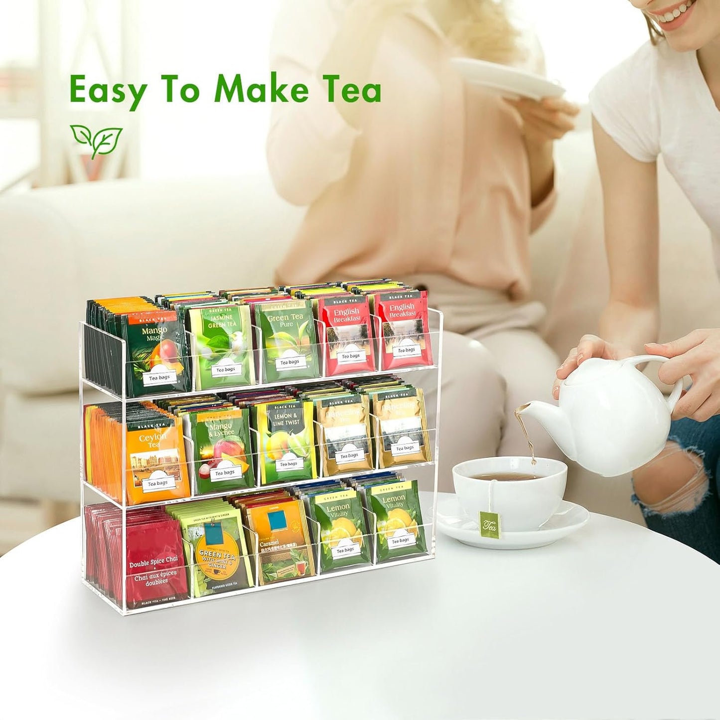 BEYGORM Acrylic Tea Bag Organizer for 270 Tea Packets, No Assembly Required Display Holder for Countertop, Vertical Tea Bag Caddy for Cabinet, Tea bar Accessories, Teabags Storage Containers