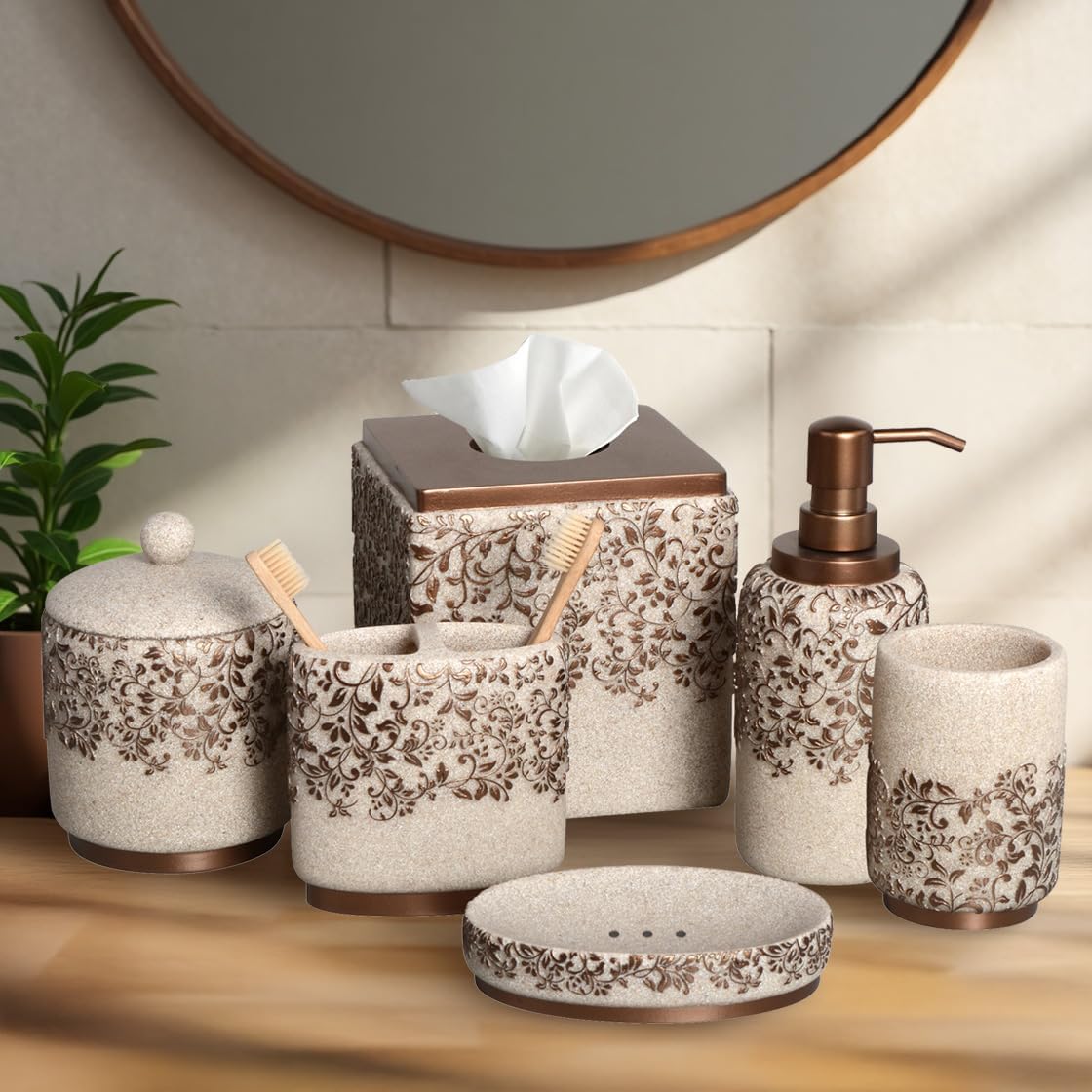 Decozen Bathroom Accessories Set - 6-Piece Modern Bathroom Decor, Countertop Essentials with Soap Dispenser - Birthday Gifts, Beige