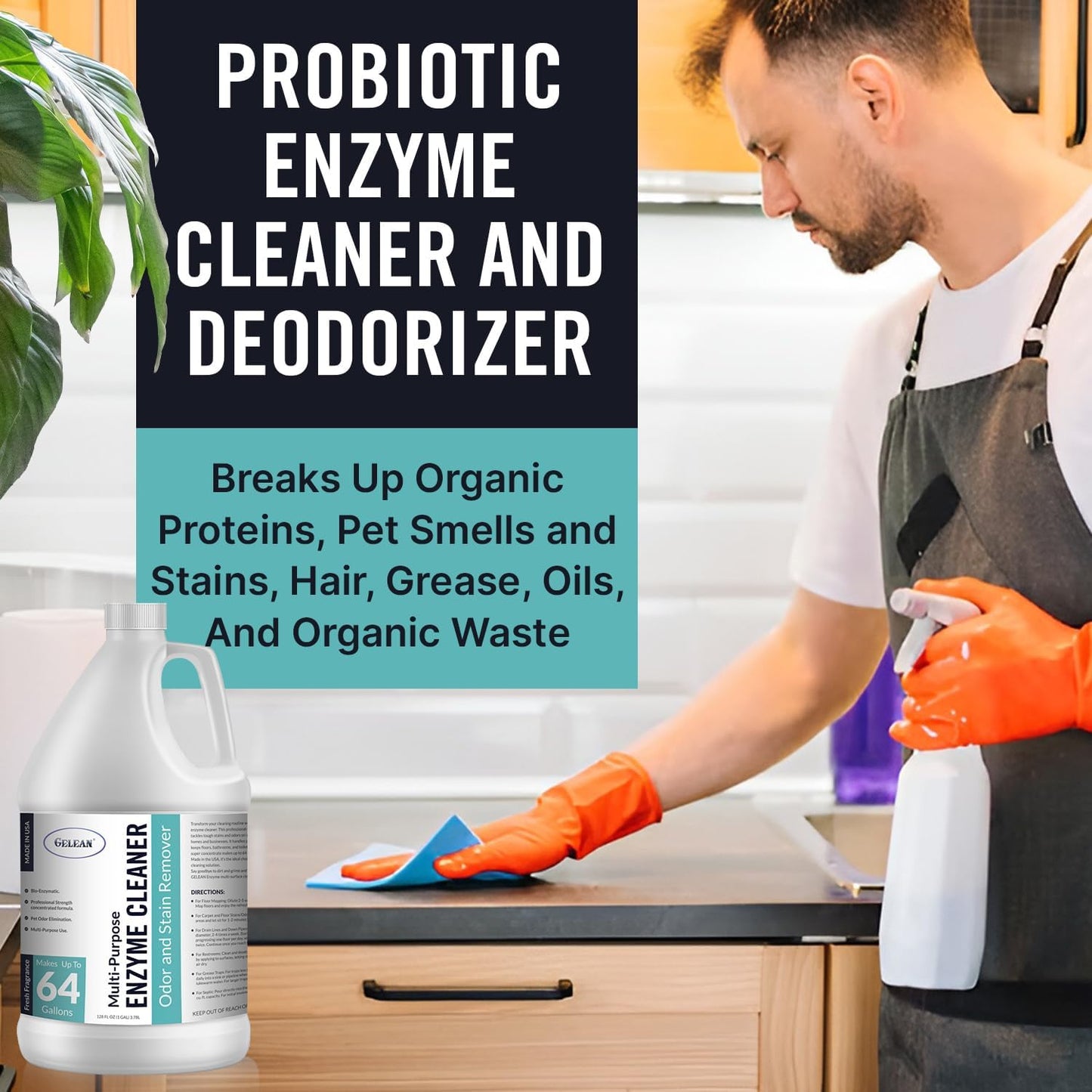 Multi-Purpose Probiotic Enzyme Cleaner, Made in USA - Pet Stain and Odor Remover - Concentrated - Professional & Home Strength Drains, Floors, Bathrooms, Toilets Trash Can, (1 gallon, Fresh fragrance)